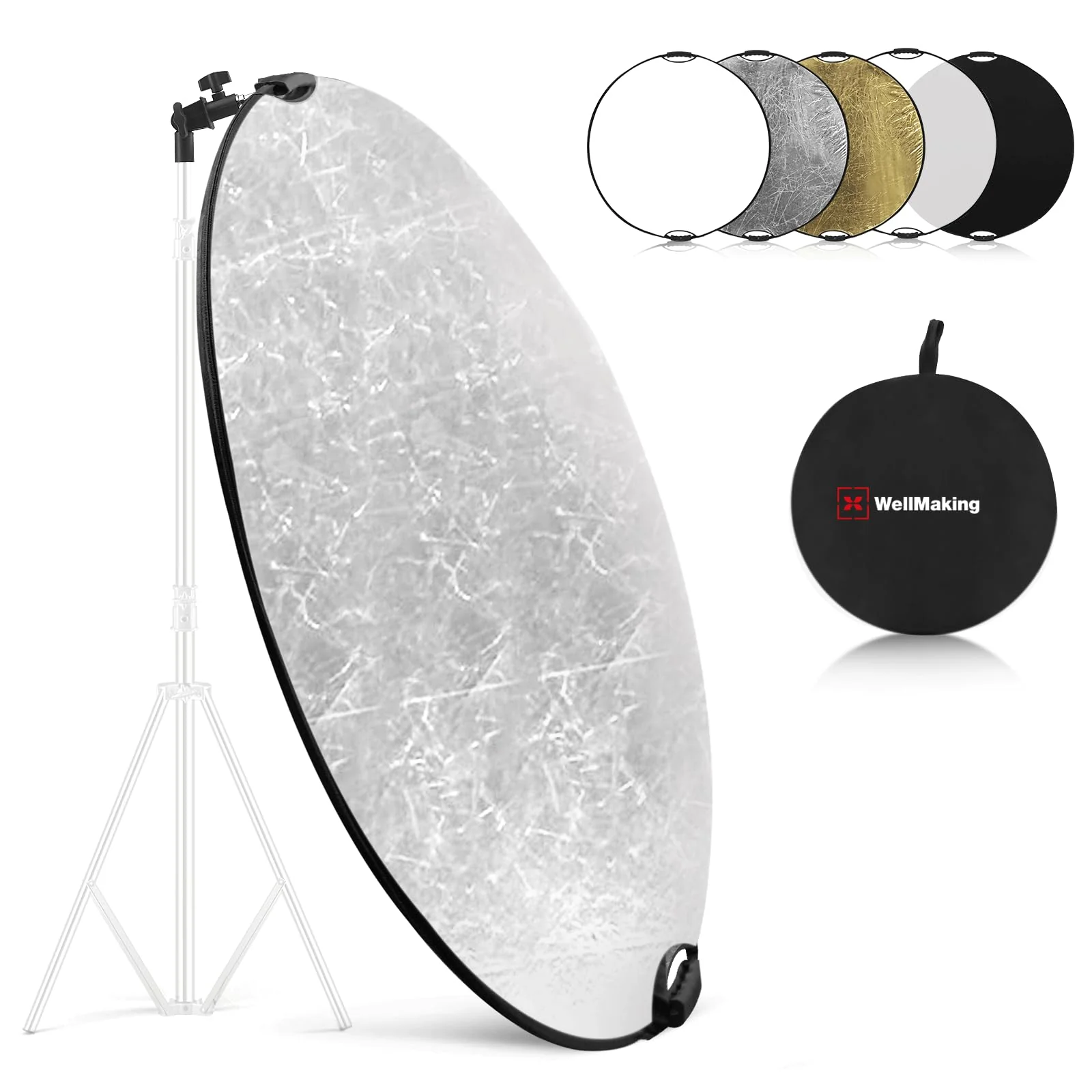 WELLMAKING 32 Inch (80cm) Reflector Photography, Collapsible Light Reflector with Bag & tilt Adapter, 5 in 1 Handle Reflector for Studio & Outdoor Lighting -Translucent, Silver, Gold, White and Black