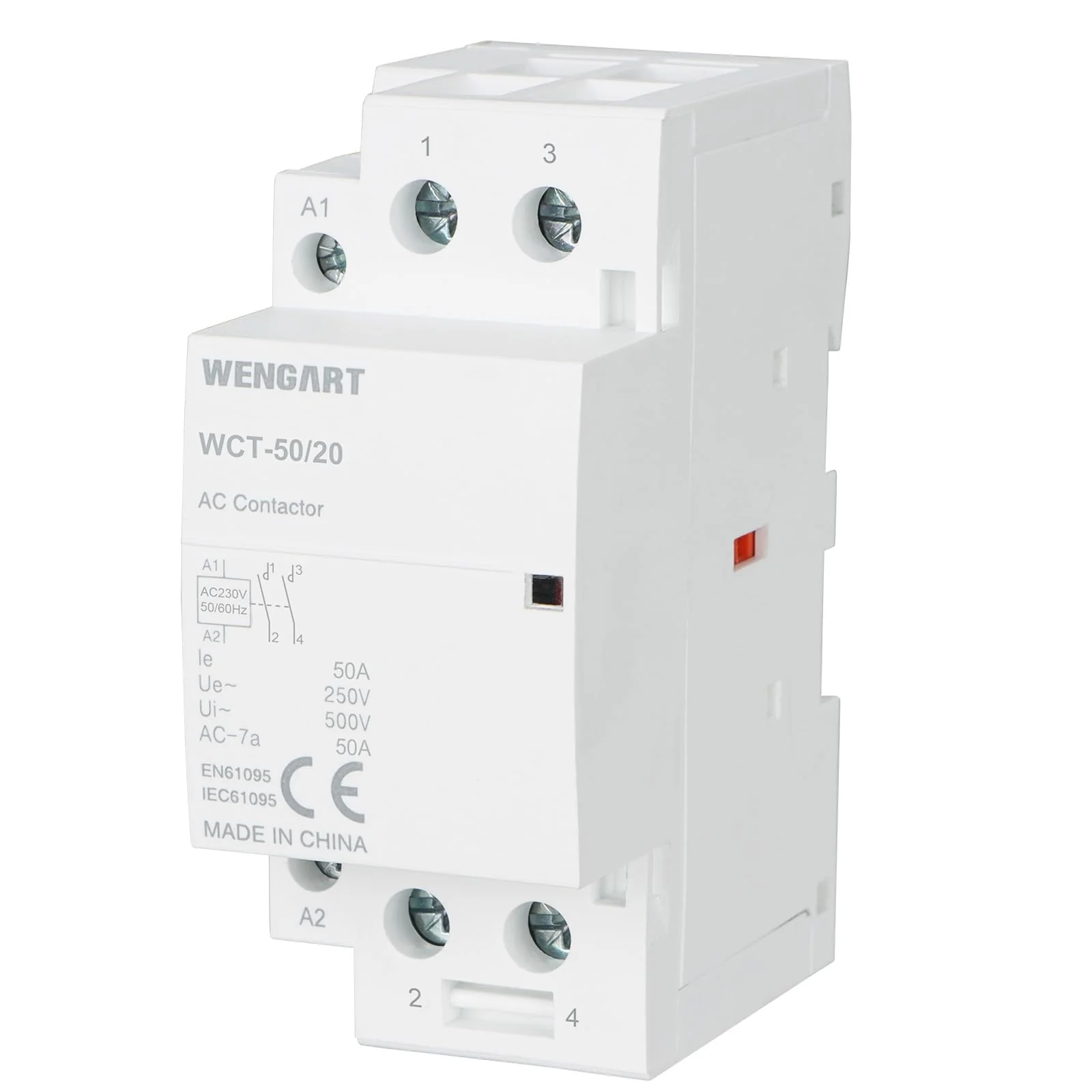 Wengart Compact AC Contactor WCT-50, White, AC230V, 50A, Built for Durability, Whisper Quiet Operation, Energy Saving, with Additional Functions for Household Appliances (2NO) 2NO