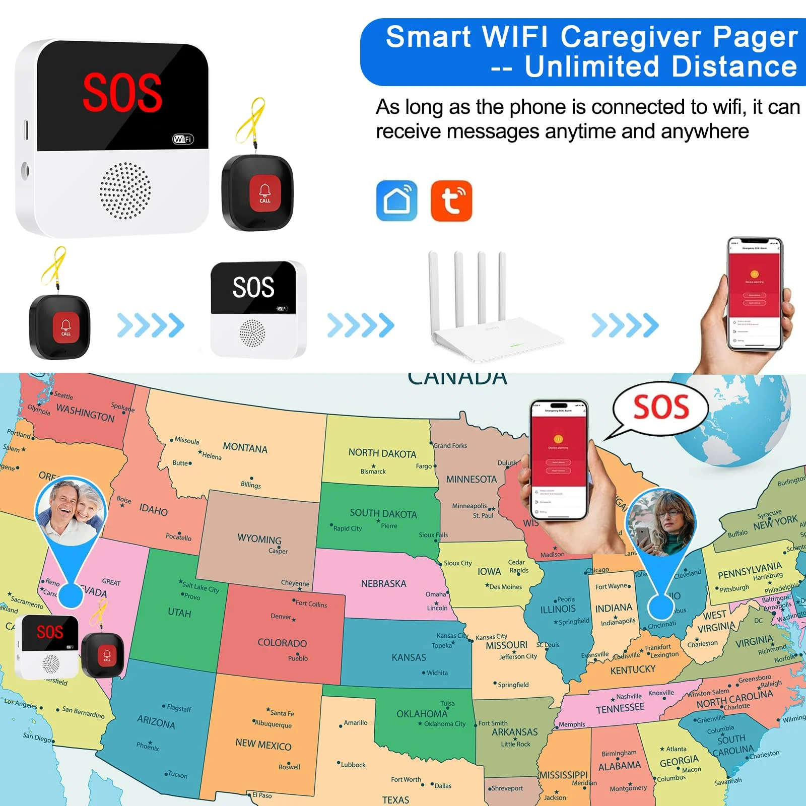 WiFi Wireless Caregiver Pager Call Button Life Alert System Emergency Alert Button for Seniors Patient Disabled Elderly 2 Panic Buttons 1 Receiver(only Supports 2.4GHz Wi-Fi) 2 black call buttons + 1 receiver - Image 3