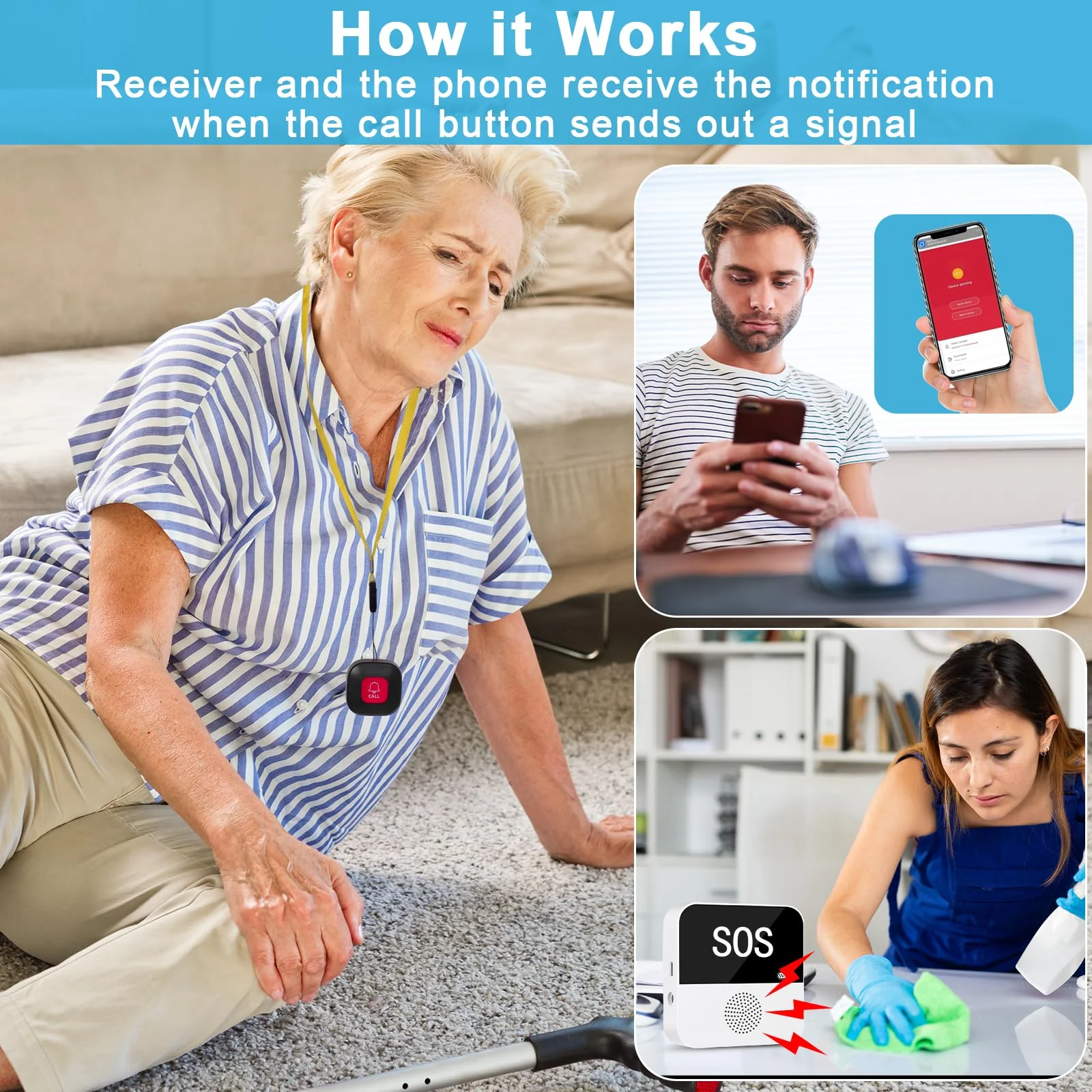 WiFi Wireless Caregiver Pager Call Button Life Alert System Emergency Alert Button for Seniors Patient Disabled Elderly 2 Panic Buttons 1 Receiver(only Supports 2.4GHz Wi-Fi) 2 black call buttons + 1 receiver - Image 4