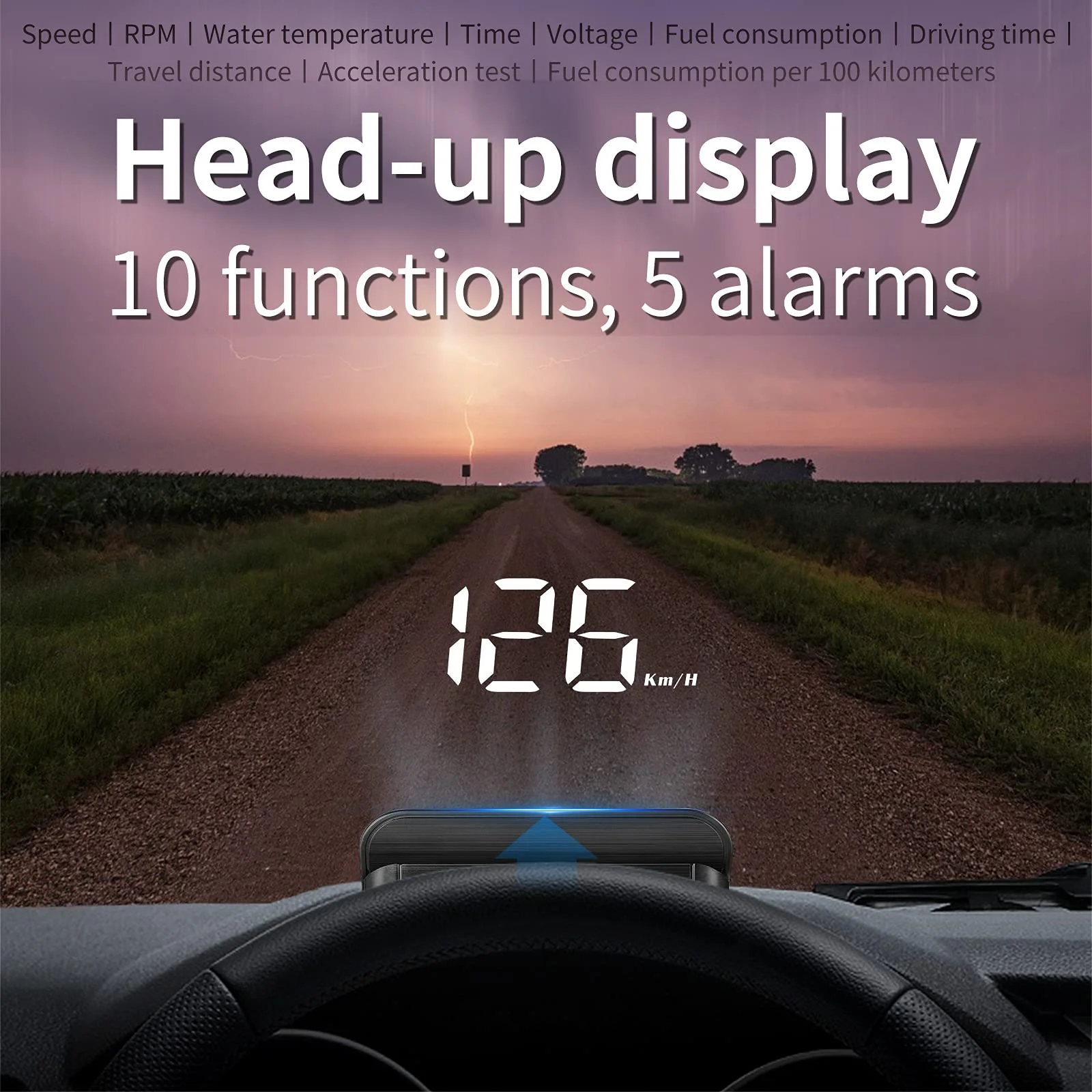 Windshield Head Up Display for Car, Digital Speedometer for Car with OBD2/EUOBD Interface, HUD Car Speedometer MPH with Water Temperature, Mileage,Overspeed Alarm, Fatigue Driving Alarm, RPM - Image 2