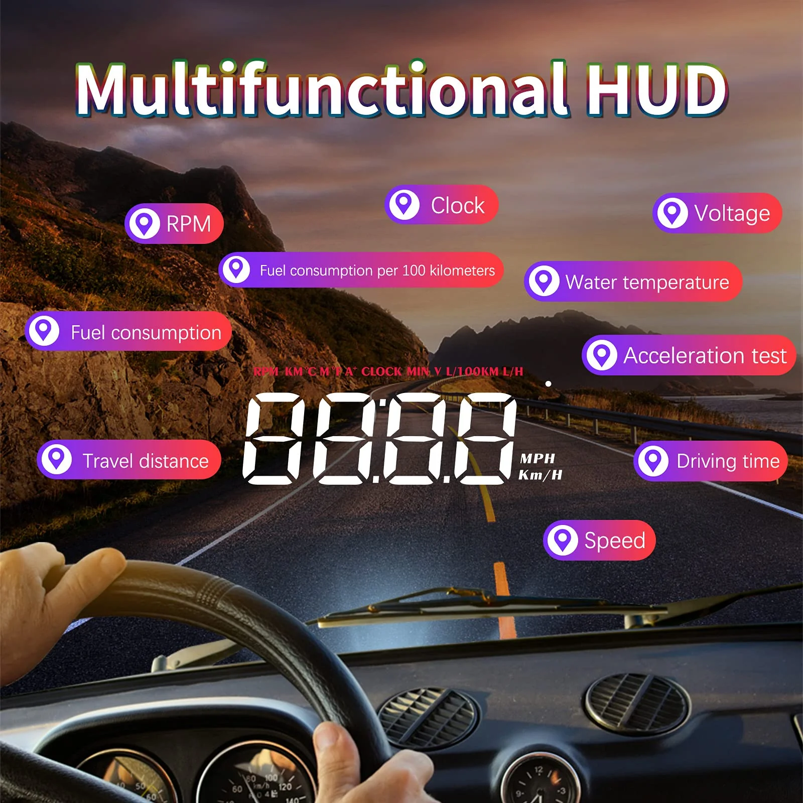 Windshield Head Up Display for Car, Digital Speedometer for Car with OBD2/EUOBD Interface, HUD Car Speedometer MPH with Water Temperature, Mileage,Overspeed Alarm, Fatigue Driving Alarm, RPM - Image 3