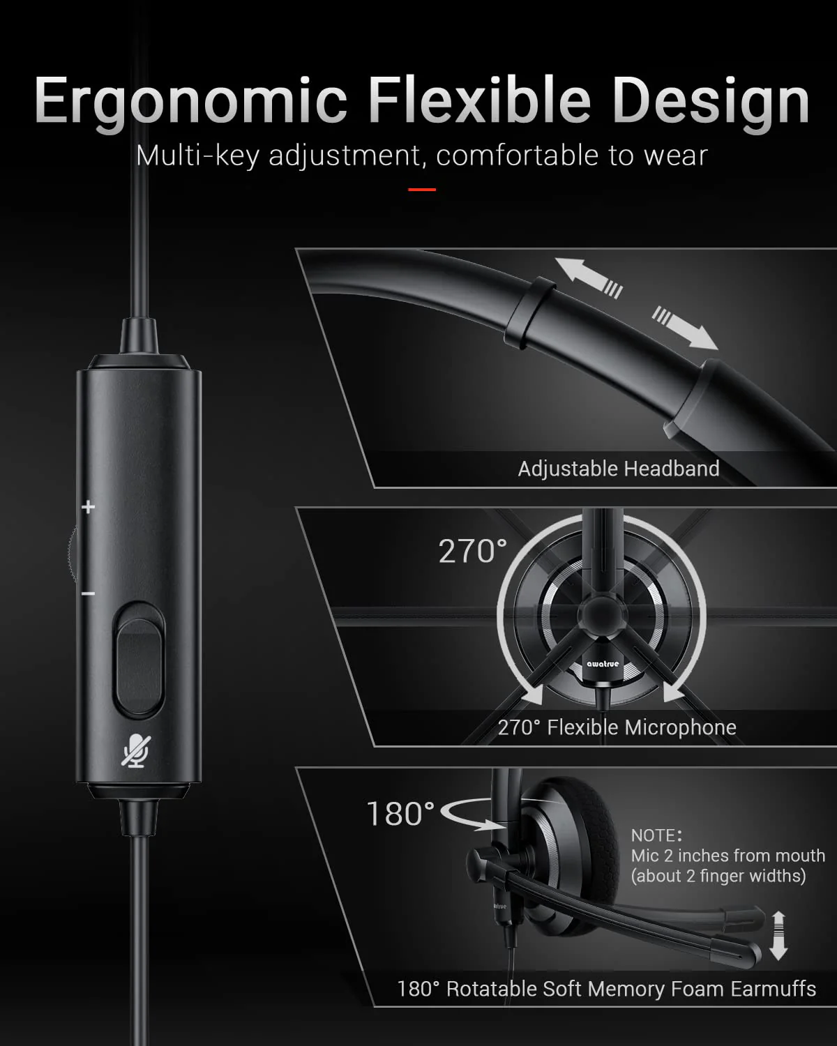 Wired Headset with Microphone for PC Laptop - 3.5mm Jack On Ear Headphones with Noise Cancelling Microphone for Boom Skype Webinars, in-line Control,Comfortable 3.5mm computer headset Black - Image 3