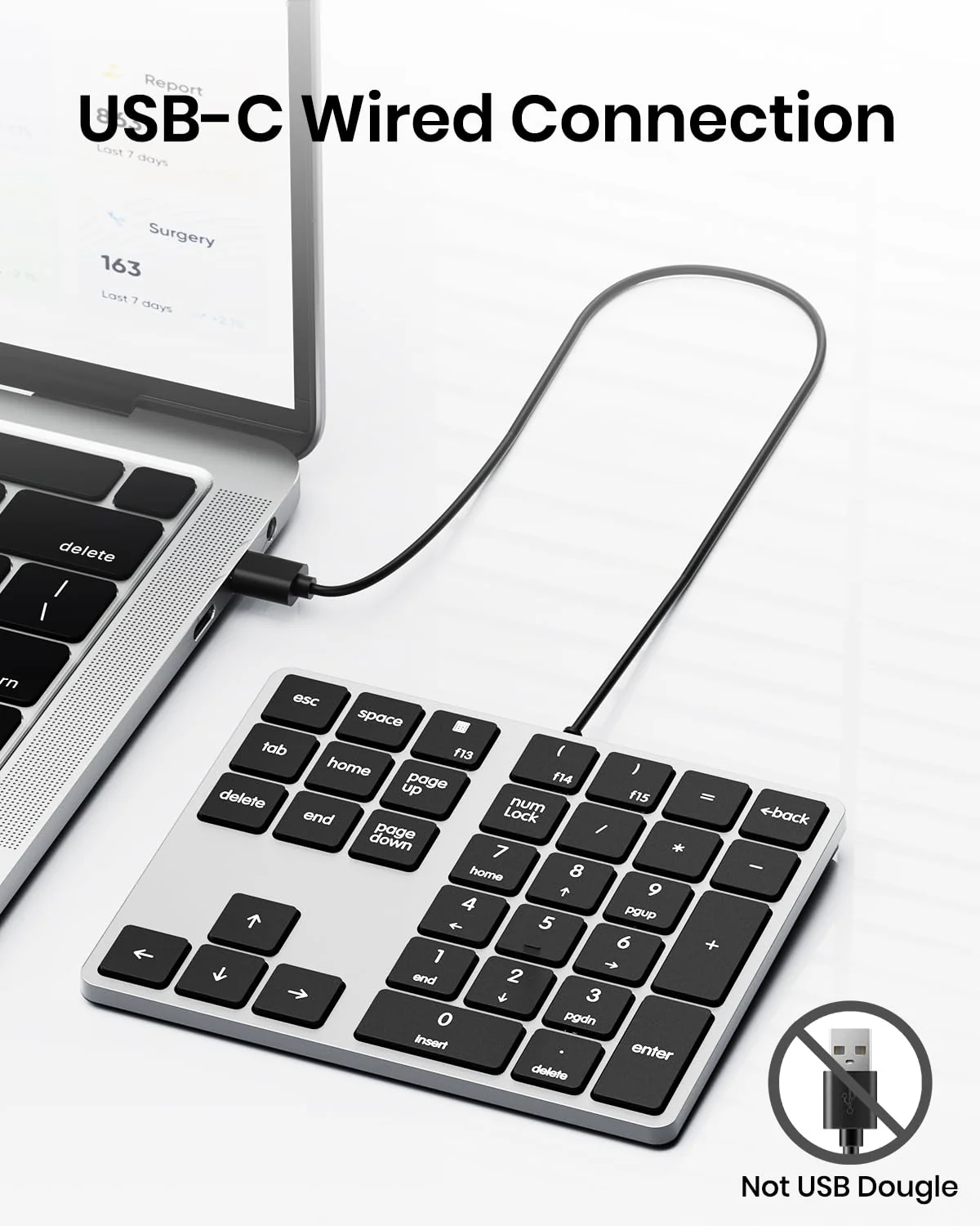Wired USB-C Number Pad, Slim Type-C numpad 34 Key Numeric Keypad Portable 10 Key USB keypad for Laptop, Apple Mac iMac MacBook Pro/Air, Windows PC KN300-S - Image 2