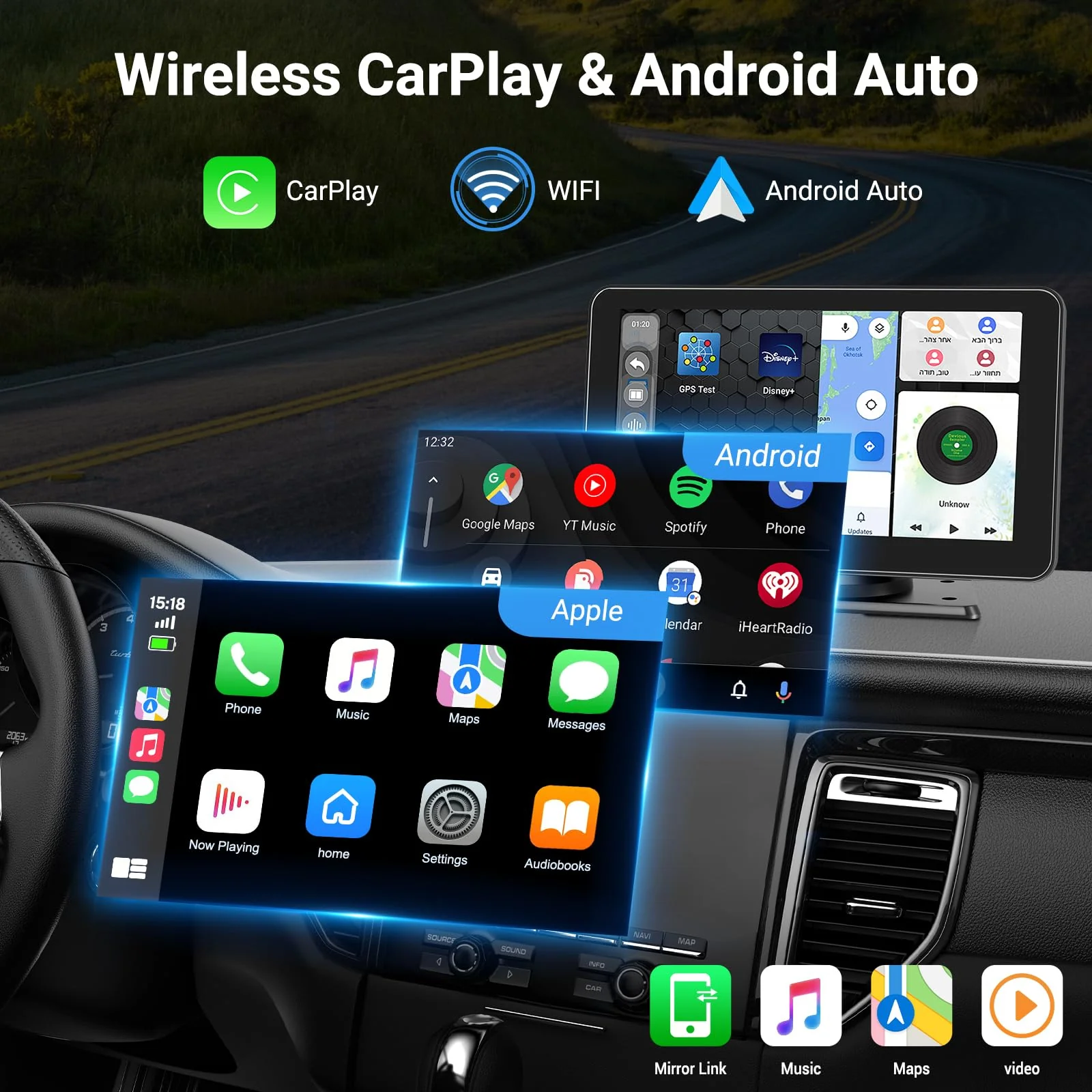 Wireless Apple Carplay Screen for Car, 7" HD Touchscreen with Portable Apple Carplay & Android Auto Car Stereo with Backup Camera, GPS Navigation/Mirror Link/Voice Control/Bluetooth 7inches - Image 2
