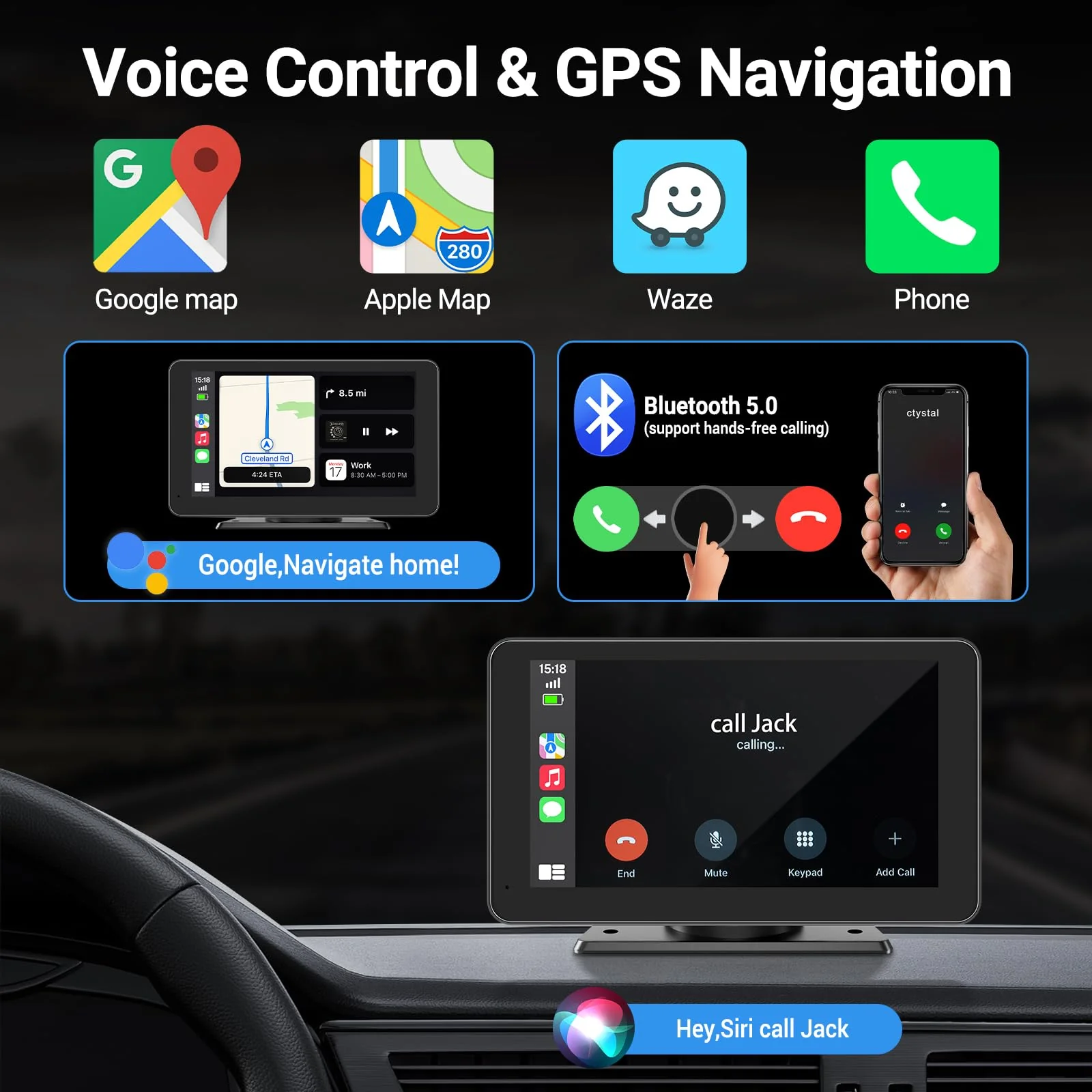 Wireless Apple Carplay Screen for Car, 7" HD Touchscreen with Portable Apple Carplay & Android Auto Car Stereo with Backup Camera, GPS Navigation/Mirror Link/Voice Control/Bluetooth 7inches - Image 3