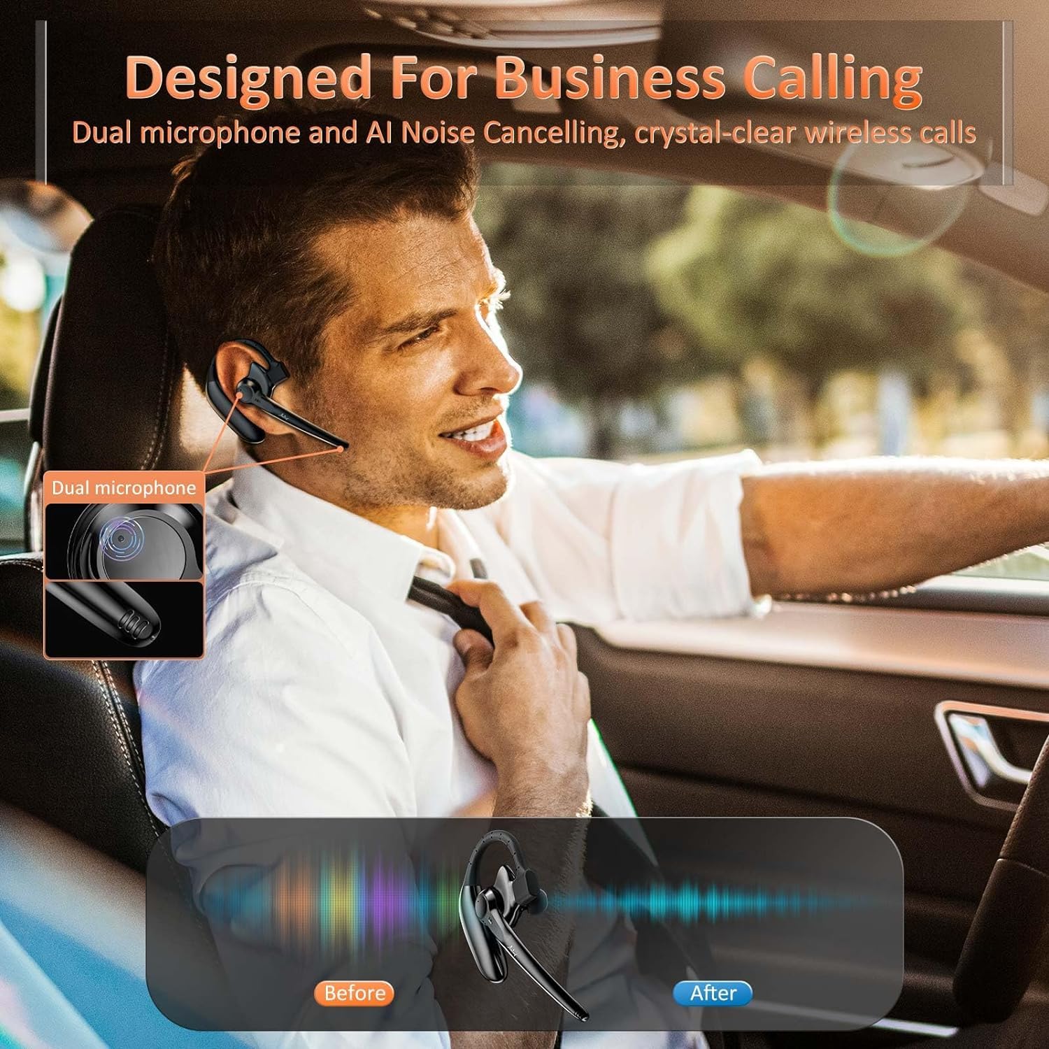 Wireless Bluetooth Headset with Microphone 30 Hrs Talking Time V5.3 Auriculares Bluetooth Earpiece,AI Noise Cancelling Bluetooth Earphones for Trucker Office Home Black - Image 2
