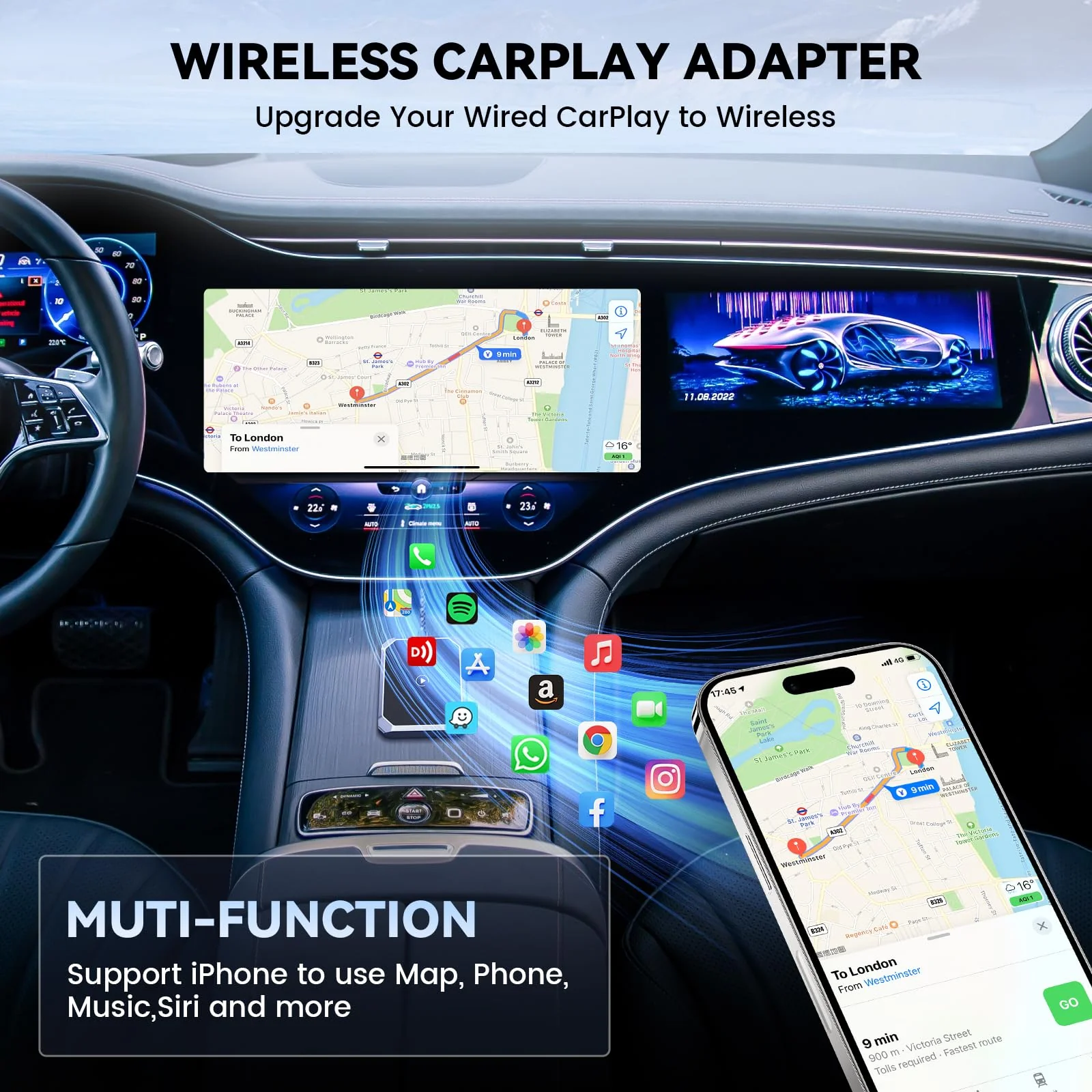 Wireless CarPlay Adapter, Converts Wired to Wireless Carplay Plug & Play Dongle Wireless Control for iPhone 8 or Above & OEM Wired CarPlay Cars - Image 3