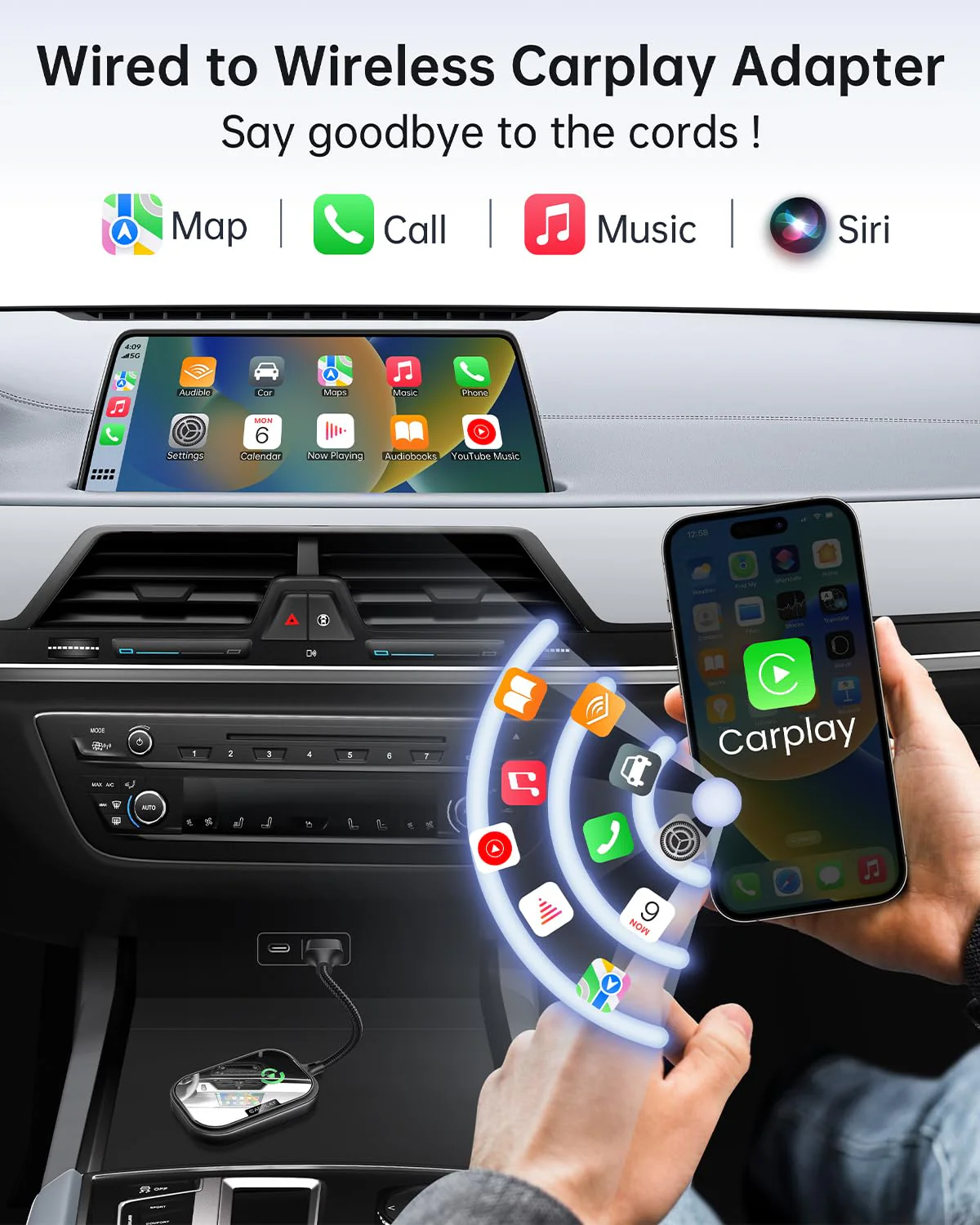 Wireless CarPlay Adapter for Apple iPhone, Converts Factory Wired CarPlay to Wireless CarPlay 2024 Upgrade Plug & Play Auto Connect Fast Easy Use for Cars from 2017 & iPhone iOS Black Dark Black - Image 3