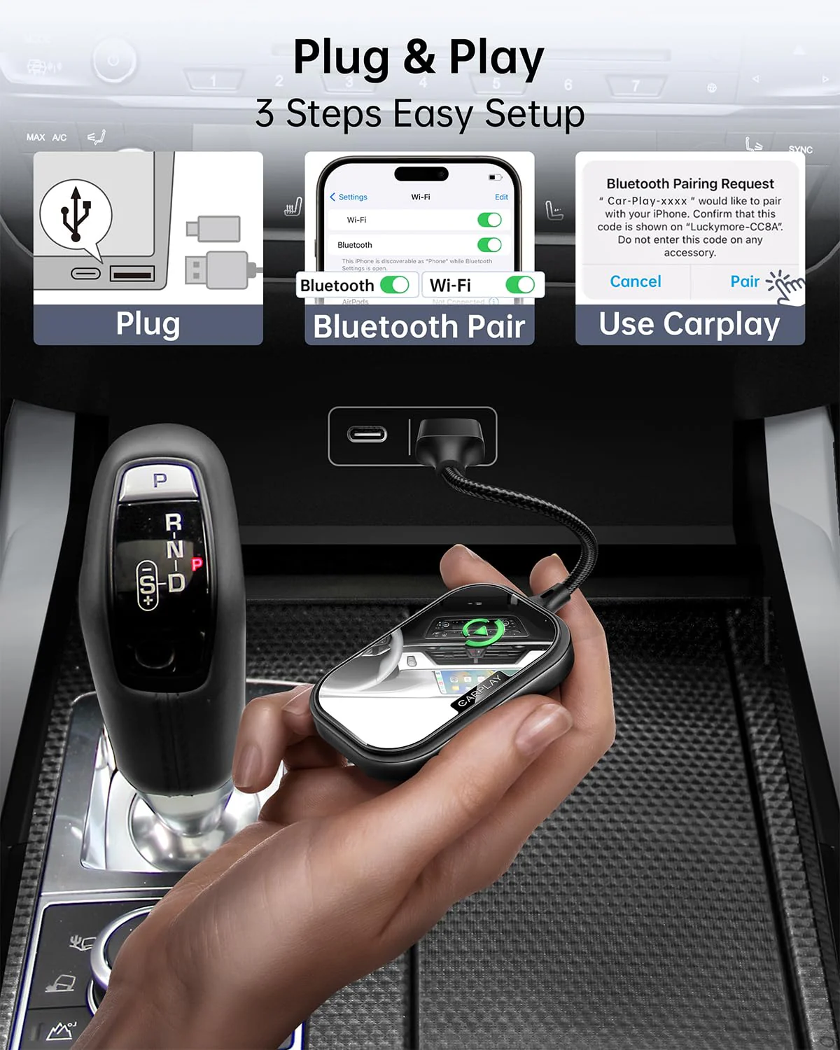 Wireless CarPlay Adapter for Apple iPhone, Converts Factory Wired CarPlay to Wireless CarPlay 2024 Upgrade Plug & Play Auto Connect Fast Easy Use for Cars from 2017 & iPhone iOS Black Dark Black - Image 5