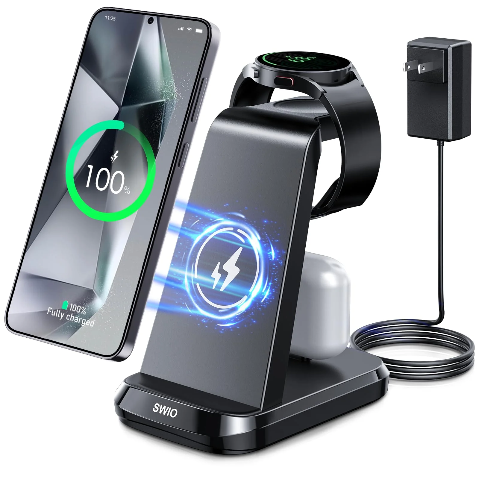 Wireless Charger for Samsung Phones Watch Earbuds (Not for Z Flip & A Series), SWIO 3 in 1 Charging Station for Samsung Watch 6/5/4/3, S24 S23 S22 S21 S20/Note 20 10/Z Fold 4 3, Buds/2/Pro Black