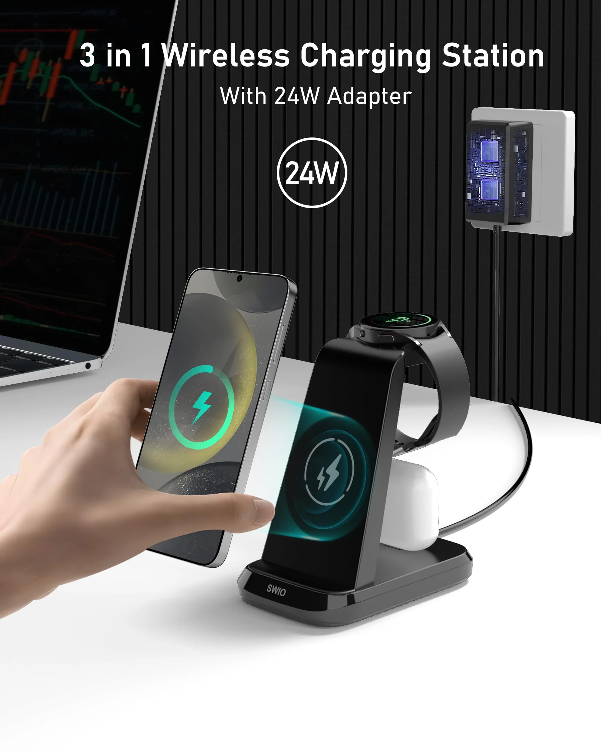 Wireless Charger for Samsung Phones Watch Earbuds (Not for Z Flip & A Series), SWIO 3 in 1 Charging Station for Samsung Watch 6/5/4/3, S24 S23 S22 S21 S20/Note 20 10/Z Fold 4 3, Buds/2/Pro Black - Image 3