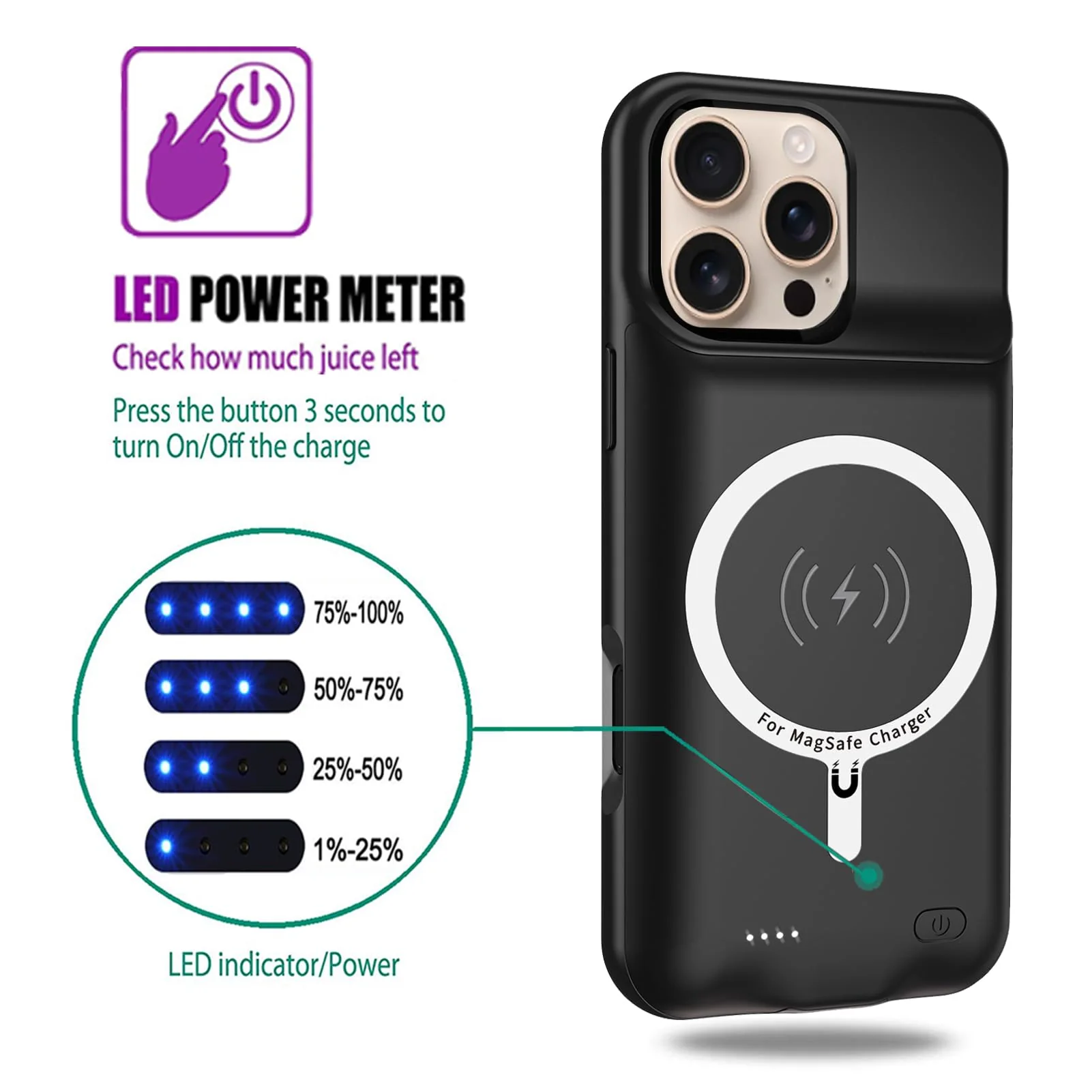 Wireless Charging Case for iPhone 16 Pro Max, 12000mAh High Capacity Portable Rechargeable Battery Case Qi Wireless Charging with iPhone 16 Pro Max (6.9 inch) Extended Battery Charger Case (Black) iPhone 16 Pro Max(6.9) - Image 3