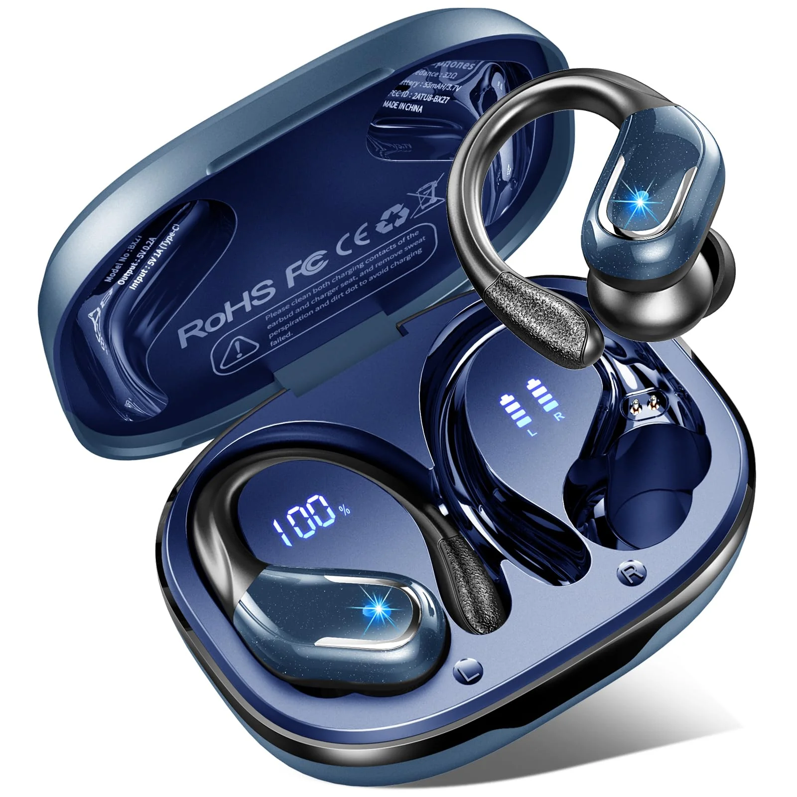 Wireless Earbud, Bluetooth 5.3 Headphones IP7 Waterproof Sport, 75Hrs Running Wireless Earphones with ENC Noise Canceling Mic, Deep Bass Over Ear bud with Earhooks for Android, iOS, Workout, Gym, Blue