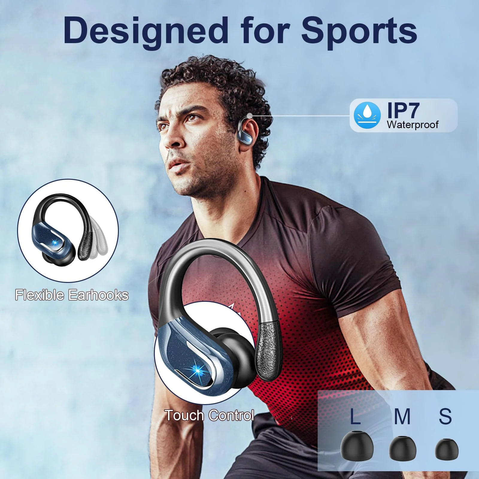 Wireless Earbud, Bluetooth 5.3 Headphones IP7 Waterproof Sport, 75Hrs Running Wireless Earphones with ENC Noise Canceling Mic, Deep Bass Over Ear bud with Earhooks for Android, iOS, Workout, Gym, Blue - Image 5