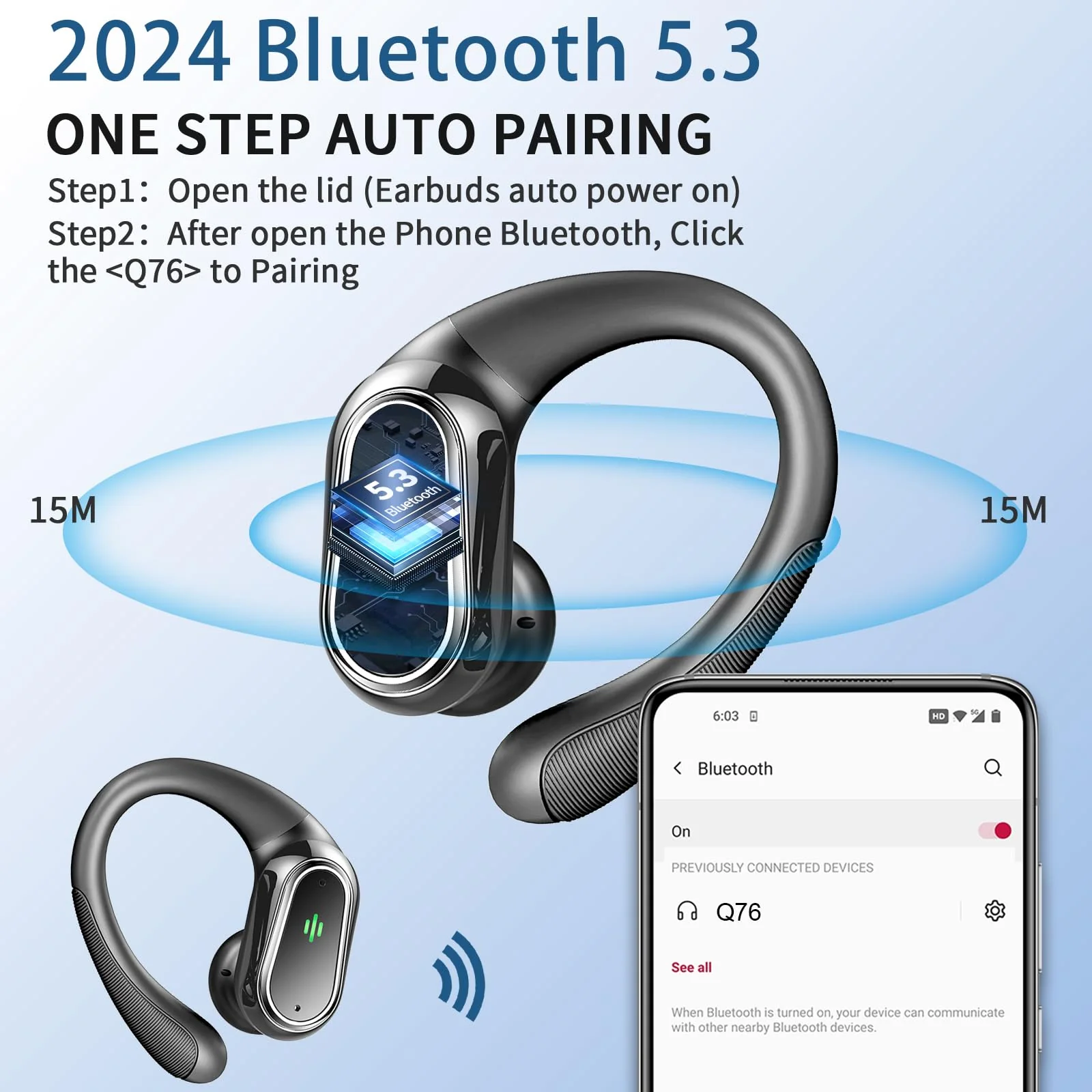 Wireless Earbuds, 2024 Bluetooth 5.3 Headphones Sport, Bluetooth Earbuds with ENC Noise Canceling Mic, 50H Stereo Wireless Headphones IP7 Waterproof with Earhooks, Dual LED Display for Running/Workout Black - Image 2