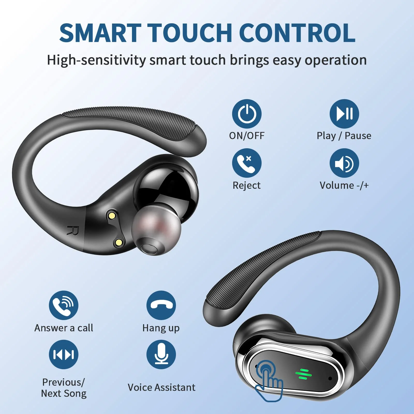 Wireless Earbuds, 2024 Bluetooth 5.3 Headphones Sport, Bluetooth Earbuds with ENC Noise Canceling Mic, 50H Stereo Wireless Headphones IP7 Waterproof with Earhooks, Dual LED Display for Running/Workout Black - Image 5