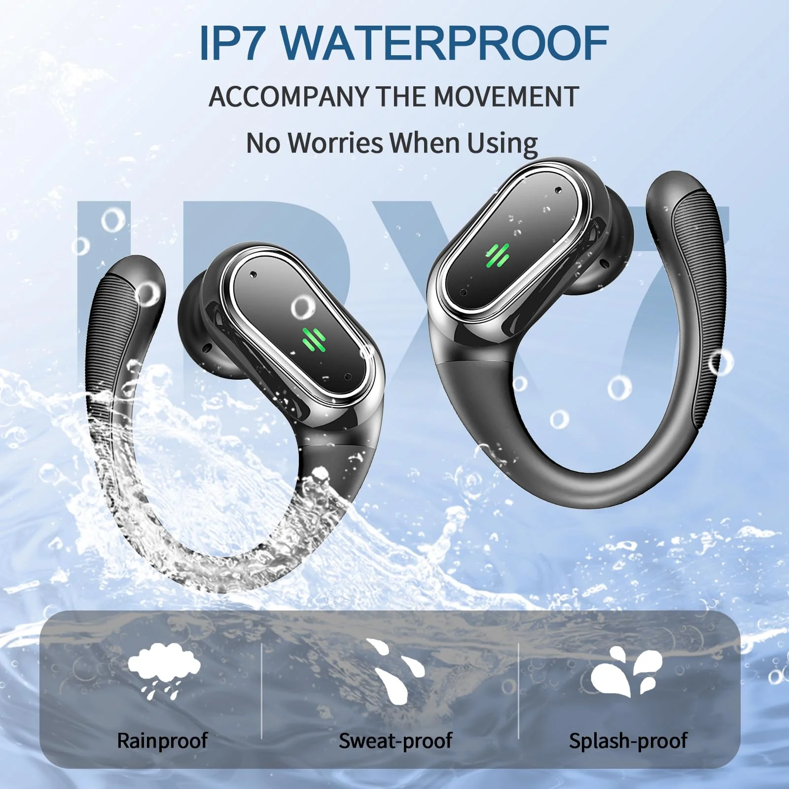 Wireless Earbuds, 2024 Bluetooth 5.3 Headphones Sport, Bluetooth Earbuds with ENC Noise Canceling Mic, 50H Stereo Wireless Headphones IP7 Waterproof with Earhooks, Dual LED Display for Running/Workout Black - Image 7