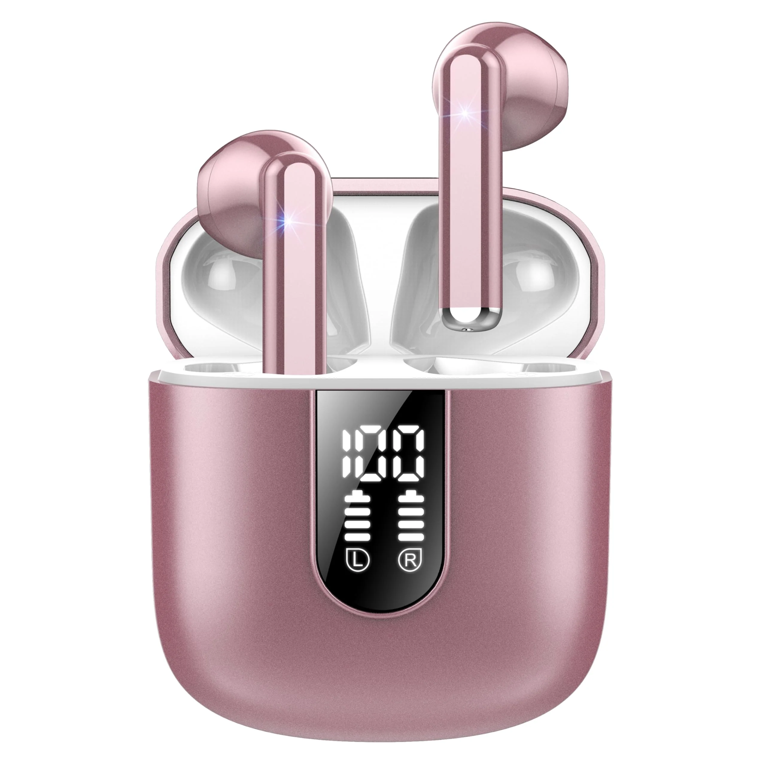 Wireless Earbuds 2024 Bluetooth 5.3 Headphones with HD Mic HiFi Stereo Sound, Wireless Earphones with Dual LED Display Touch Control, IPX7 Waterproof 30H Playtime Mini Ear Buds for iOS Android, Rose Rose Gold