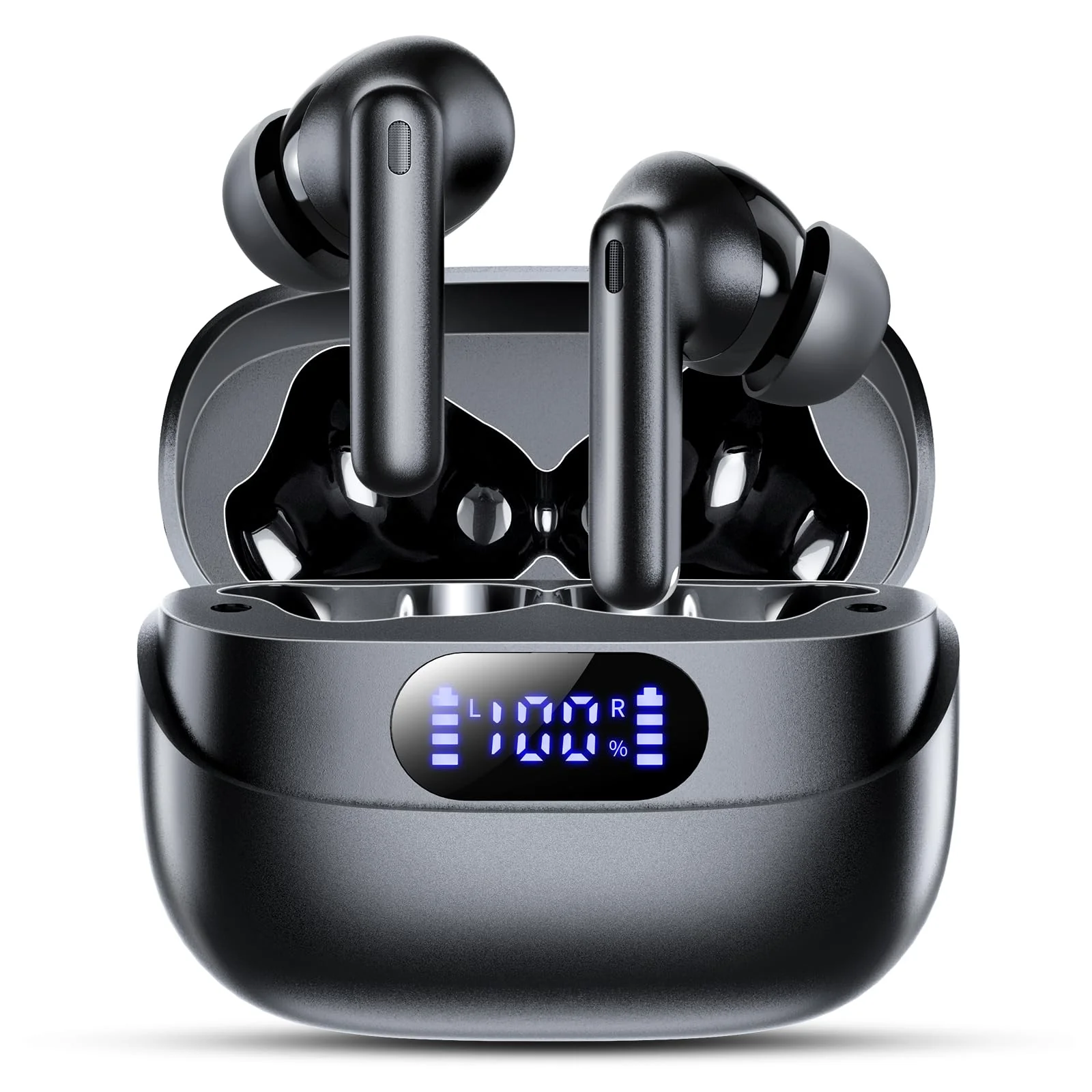 Wireless Earbuds, 42H Playtime Bluetooth 5.3 Headphones, HiFi Stereo Call Noise Cancelling Earbuds, IPX7 Waterproof Stereo in-Ear Earphones with LED Display for iOS Android Cell Phone (Black) Black