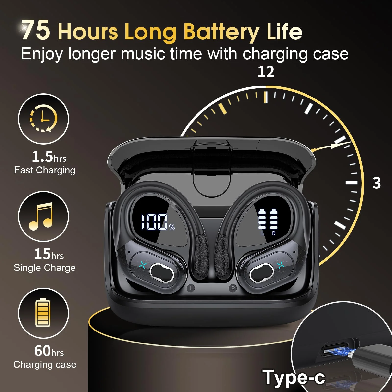 Wireless Earbuds 75hrs Bluetooth 5.3 Headphone Sport, 2024 Bluetooth Earbuds Stereo Deep Bass Over Ear Bud with Earhooks, ENC Noise Cancelling Mic, IPX7 Waterproof Earphone for Workout/Running Black - Image 2