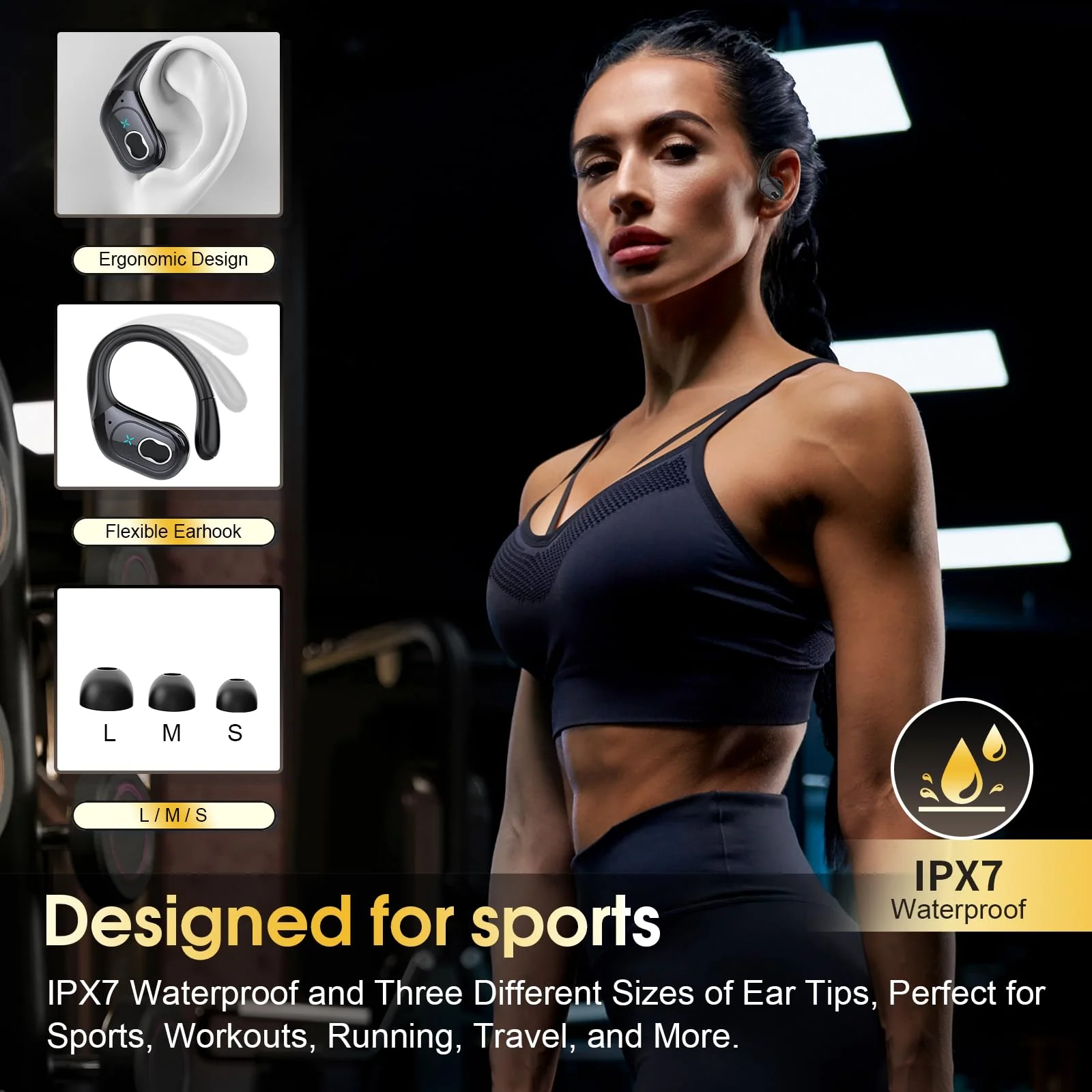 Wireless Earbuds 75hrs Bluetooth 5.3 Headphone Sport, 2024 Bluetooth Earbuds Stereo Deep Bass Over Ear Bud with Earhooks, ENC Noise Cancelling Mic, IPX7 Waterproof Earphone for Workout/Running Black - Image 4
