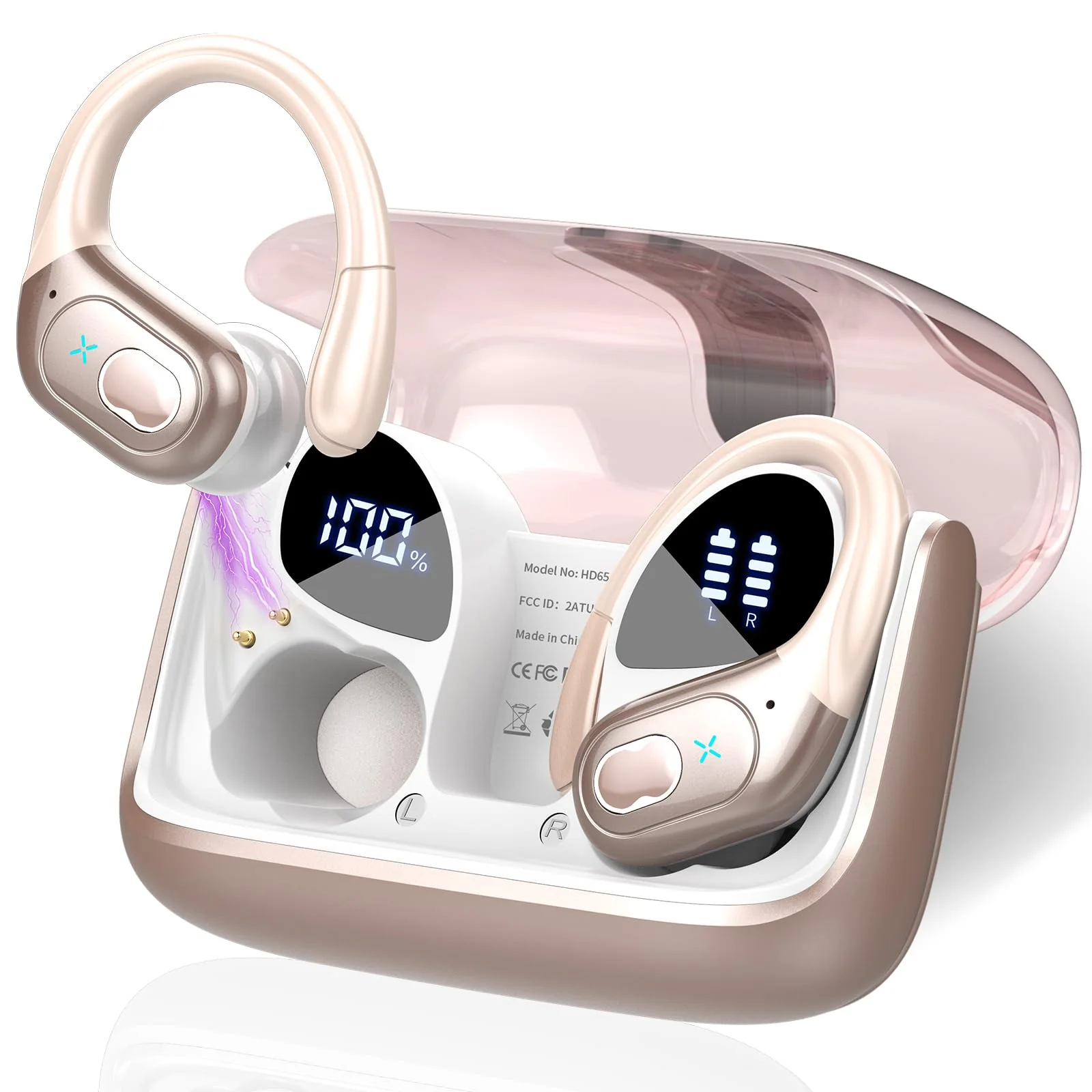 Wireless Earbuds 75hrs Bluetooth 5.3 Headphone Sport, 2024 Bluetooth Earbuds Stereo Deep Bass Over Ear Bud with Earhooks, ENC Noise Cancelling Mic, IPX7 Waterproof Earphone Rose Gold