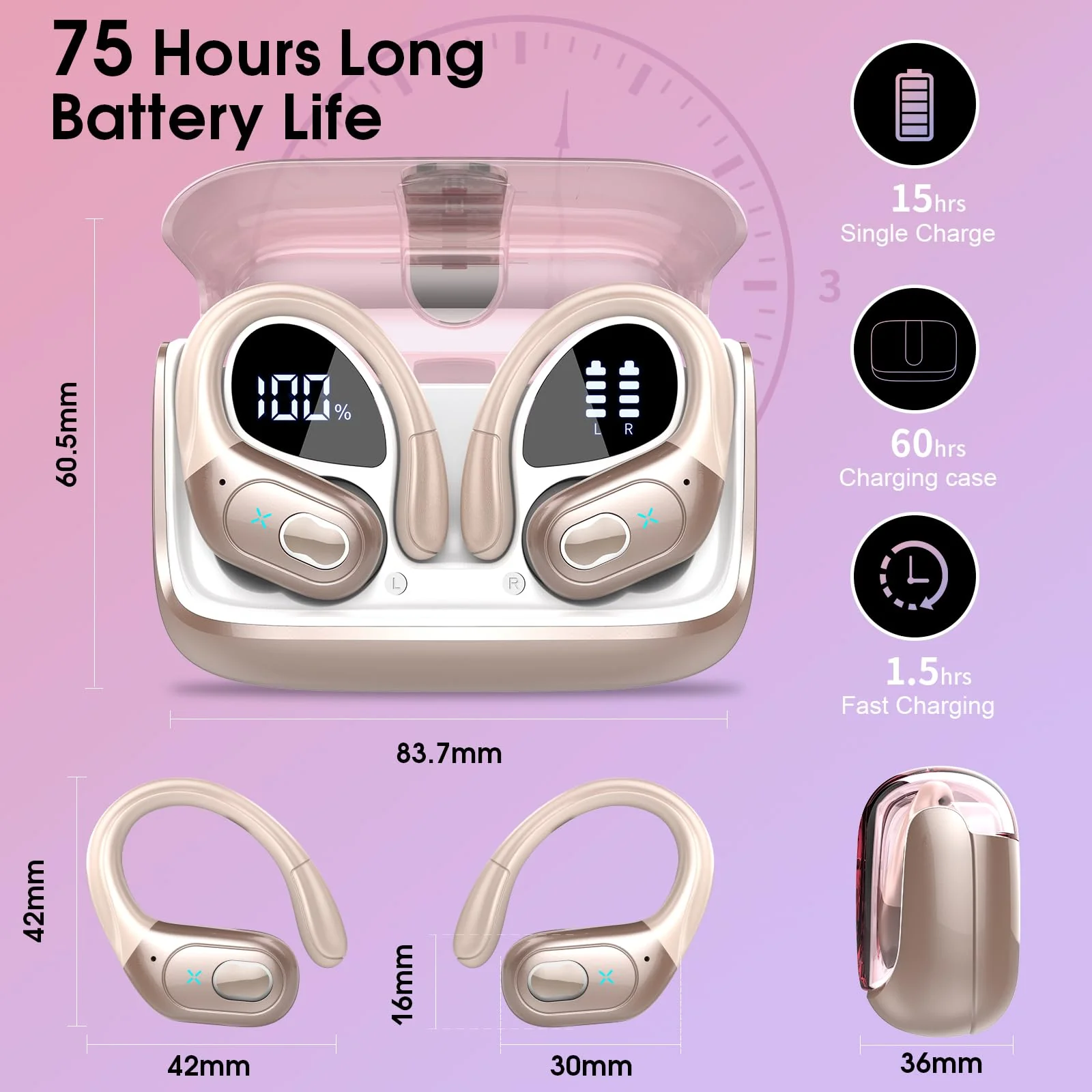 Wireless Earbuds 75hrs Bluetooth 5.3 Headphone Sport, 2024 Bluetooth Earbuds Stereo Deep Bass Over Ear Bud with Earhooks, ENC Noise Cancelling Mic, IPX7 Waterproof Earphone Rose Gold - Image 2