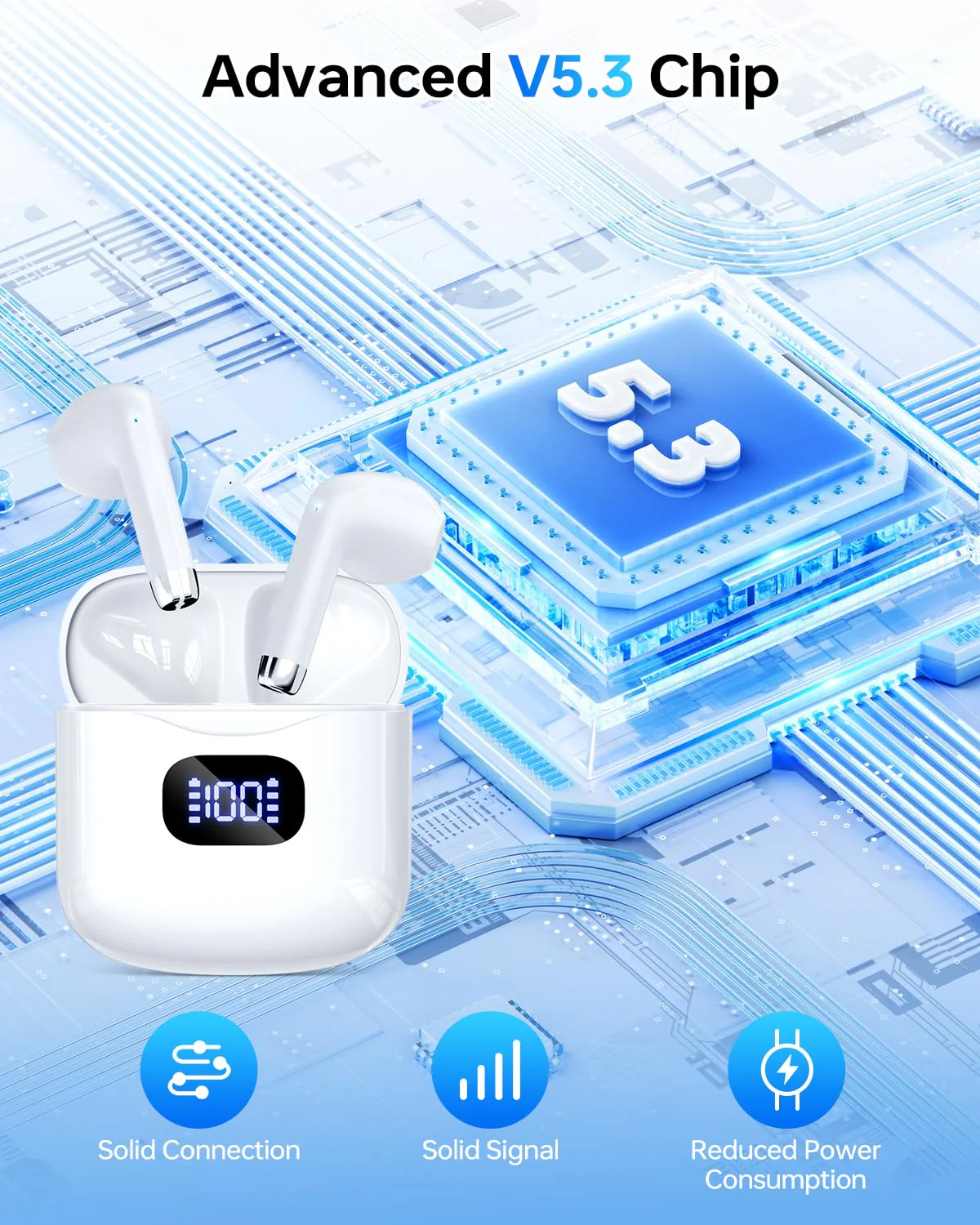 Wireless Earbuds Bluetooth 5.3 Headphones, 40Hrs Playback Stereo Ear Buds with LED Display Charging Case IPX7 Waterproof in-Ear Earphones with Mic for Phone Tablet Laptop Sports, White A-White - Image 4