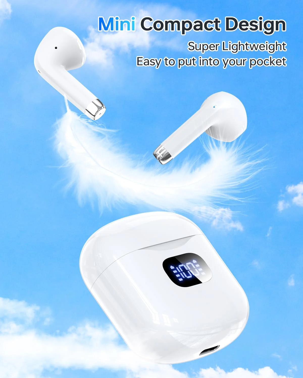 Wireless Earbuds Bluetooth 5.3 Headphones, 40Hrs Playback Stereo Ear Buds with LED Display Charging Case IPX7 Waterproof in-Ear Earphones with Mic for Phone Tablet Laptop Sports, White A-White - Image 6
