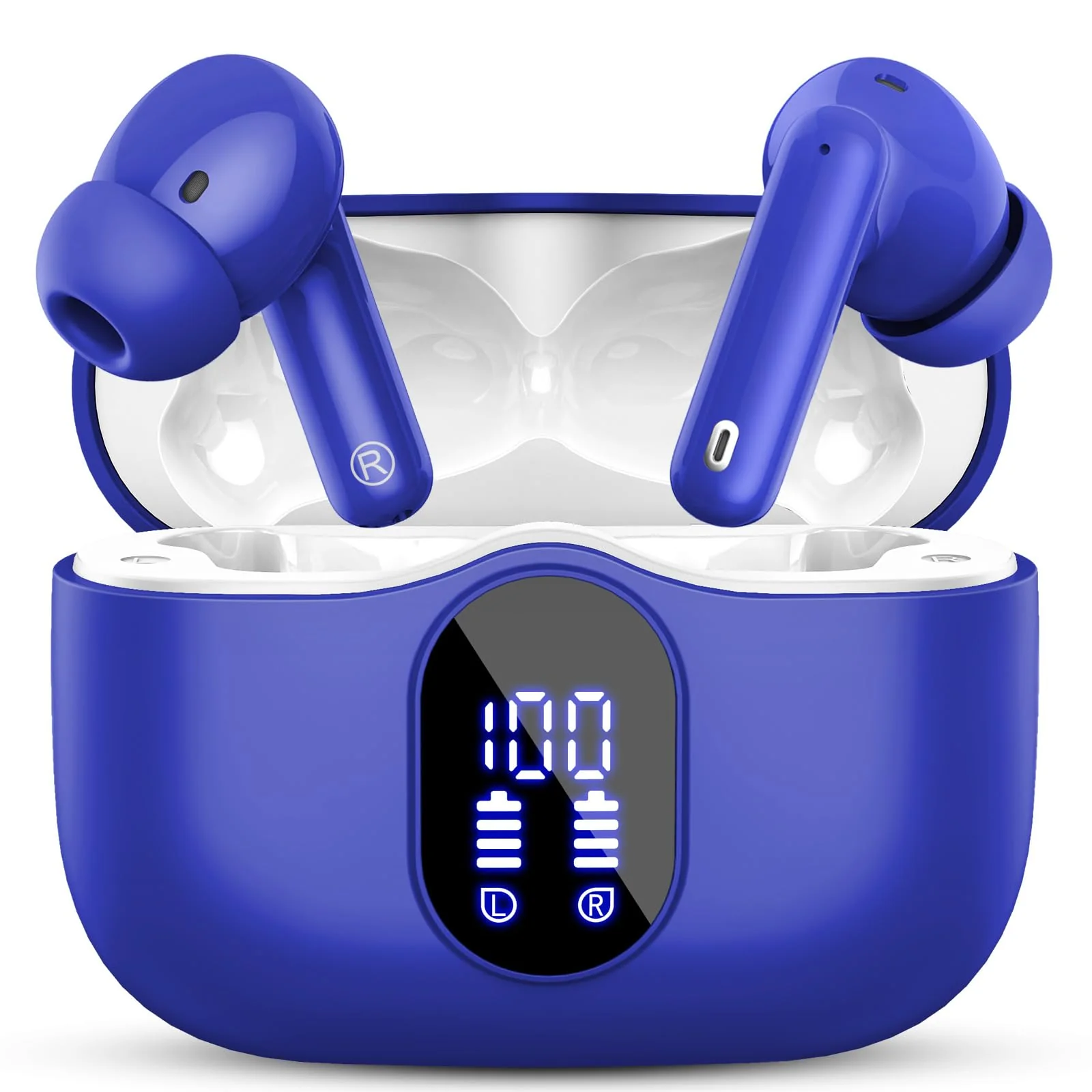 Wireless Earbuds Bluetooth 5.3 Headphones Bass Stereo Ear Buds with Noise Cancelling Mic LED Display in Ear Earphones IP7 Waterproof 36H Playtime for Laptop Pad Phones Sports Workout Blue