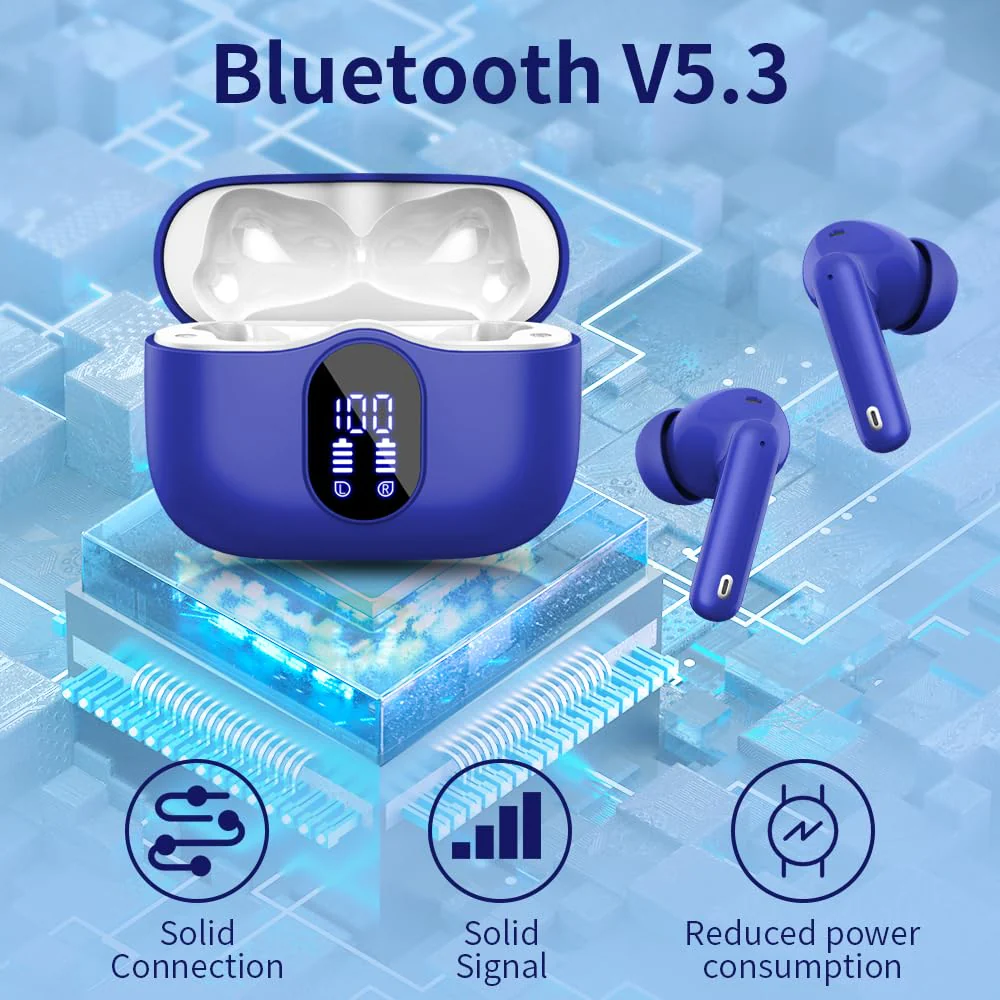 Wireless Earbuds Bluetooth 5.3 Headphones Bass Stereo Ear Buds with Noise Cancelling Mic LED Display in Ear Earphones IP7 Waterproof 36H Playtime for Laptop Pad Phones Sports Workout Blue - Image 4
