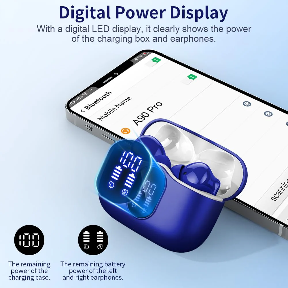Wireless Earbuds Bluetooth 5.3 Headphones Bass Stereo Ear Buds with Noise Cancelling Mic LED Display in Ear Earphones IP7 Waterproof 36H Playtime for Laptop Pad Phones Sports Workout Blue - Image 6