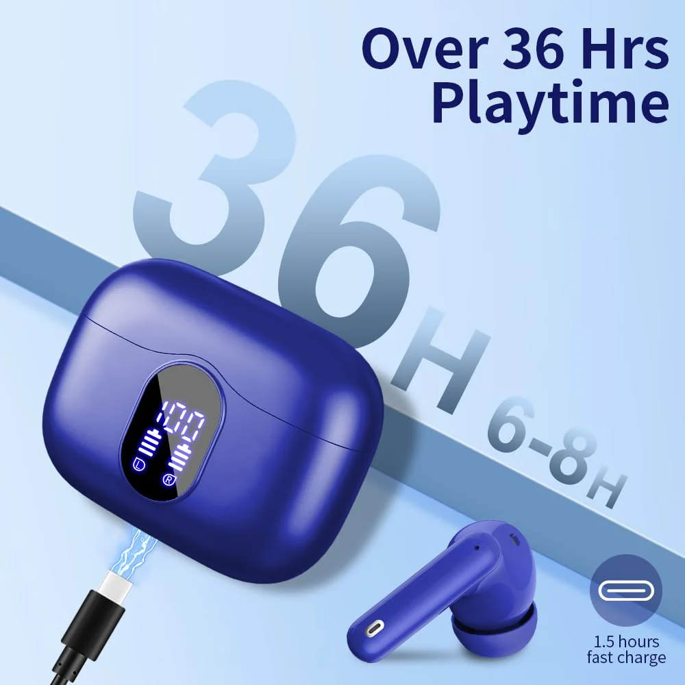 Wireless Earbuds Bluetooth 5.3 Headphones Bass Stereo Ear Buds with Noise Cancelling Mic LED Display in Ear Earphones IP7 Waterproof 36H Playtime for Laptop Pad Phones Sports Workout Blue - Image 7