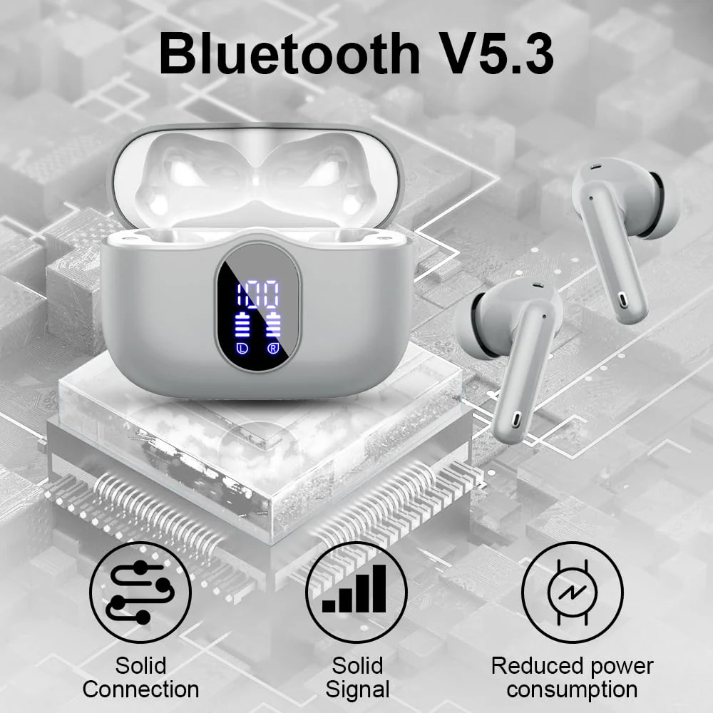Wireless Earbuds Bluetooth 5.3 Headphones Bass Stereo Ear Buds with Noise Cancelling Mic LED Display in Ear Earphones IP7 Waterproof 36H Playtime for Laptop Pad Phones Sports Workout Grey - Image 4