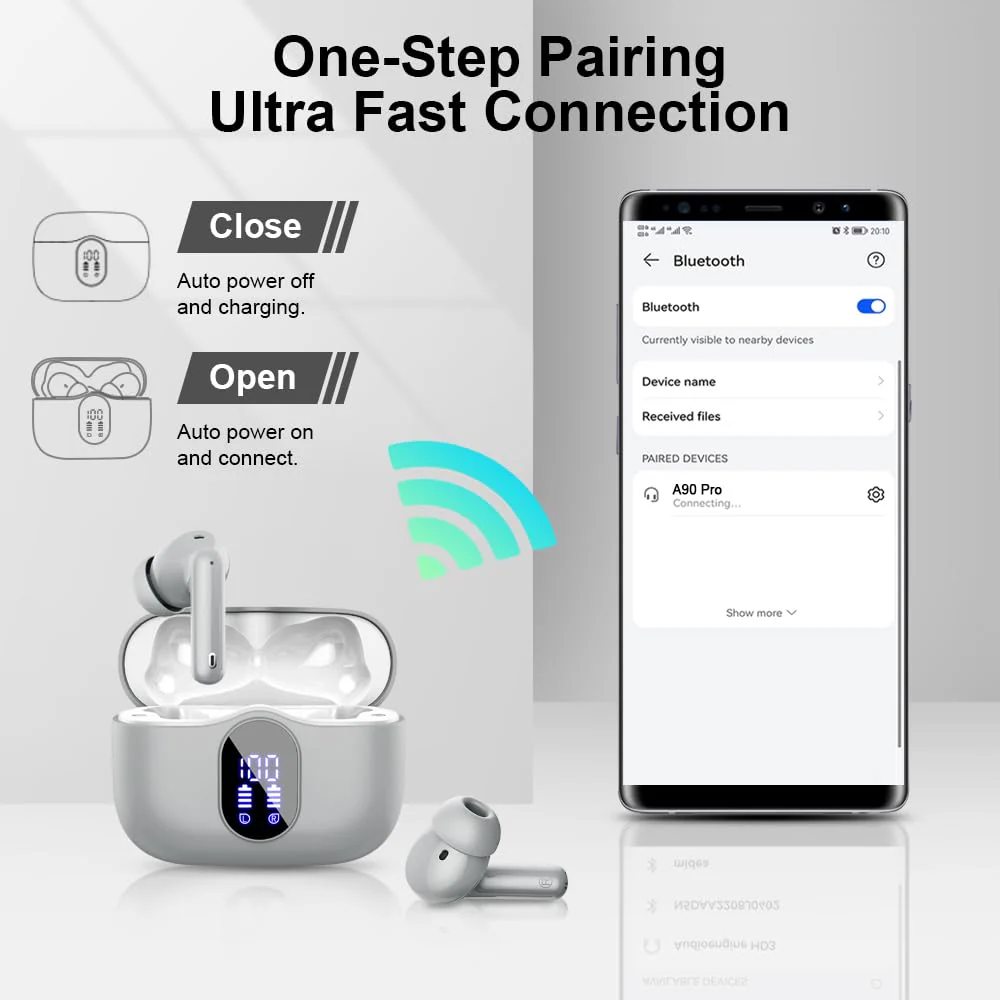 Wireless Earbuds Bluetooth 5.3 Headphones Bass Stereo Ear Buds with Noise Cancelling Mic LED Display in Ear Earphones IP7 Waterproof 36H Playtime for Laptop Pad Phones Sports Workout Grey - Image 5