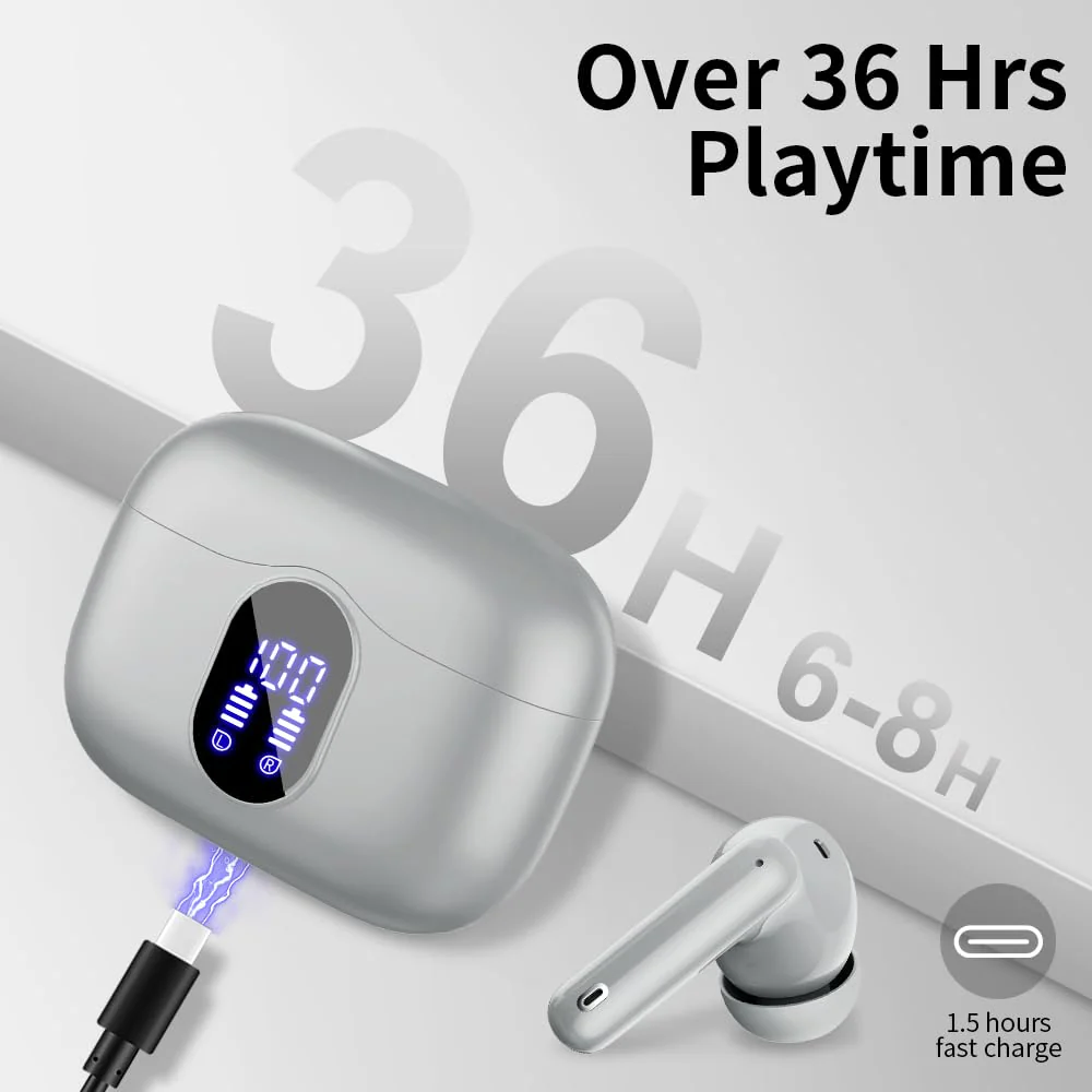Wireless Earbuds Bluetooth 5.3 Headphones Bass Stereo Ear Buds with Noise Cancelling Mic LED Display in Ear Earphones IP7 Waterproof 36H Playtime for Laptop Pad Phones Sports Workout Grey - Image 7