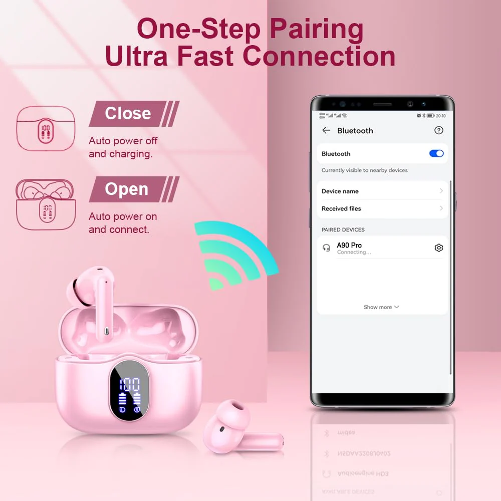 Wireless Earbuds Bluetooth 5.3 Headphones Bass Stereo Ear Buds with Noise Cancelling Mic LED Display in Ear Earphones IP7 Waterproof 36H Playtime for Laptop Pad Phones Sports Workout Pink - Image 5