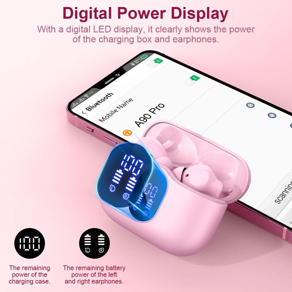 Wireless Earbuds Bluetooth 5.3 Headphones Bass Stereo Ear Buds with Noise Cancelling Mic LED Display in Ear Earphones IP7 Waterproof 36H Playtime for Laptop Pad Phones Sports Workout Pink - Image 6