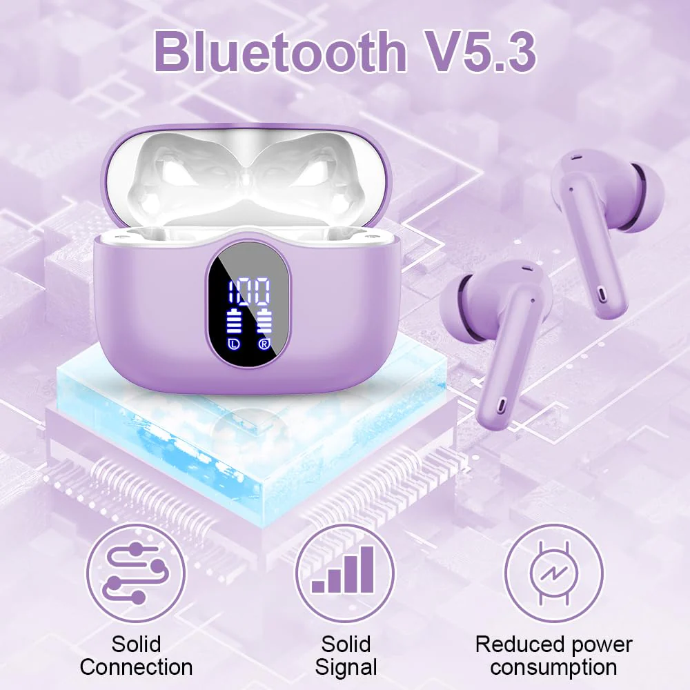 Wireless Earbuds Bluetooth 5.3 Headphones Bass Stereo Ear Buds with Noise Cancelling Mic LED Display in Ear Earphones IP7 Waterproof 36H Playtime for Laptop Pad Phones Sports Workout Purple - Image 4