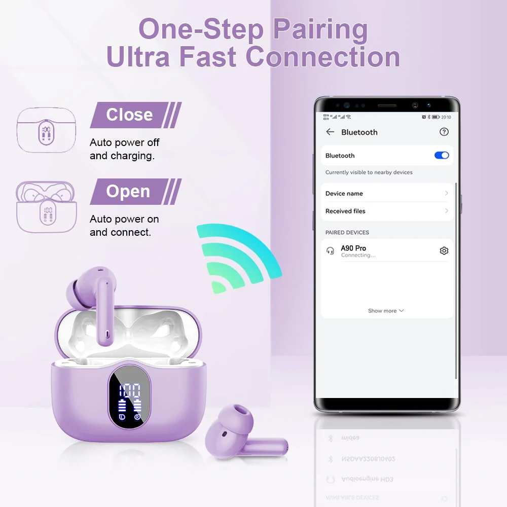 Wireless Earbuds Bluetooth 5.3 Headphones Bass Stereo Ear Buds with Noise Cancelling Mic LED Display in Ear Earphones IP7 Waterproof 36H Playtime for Laptop Pad Phones Sports Workout Purple - Image 5