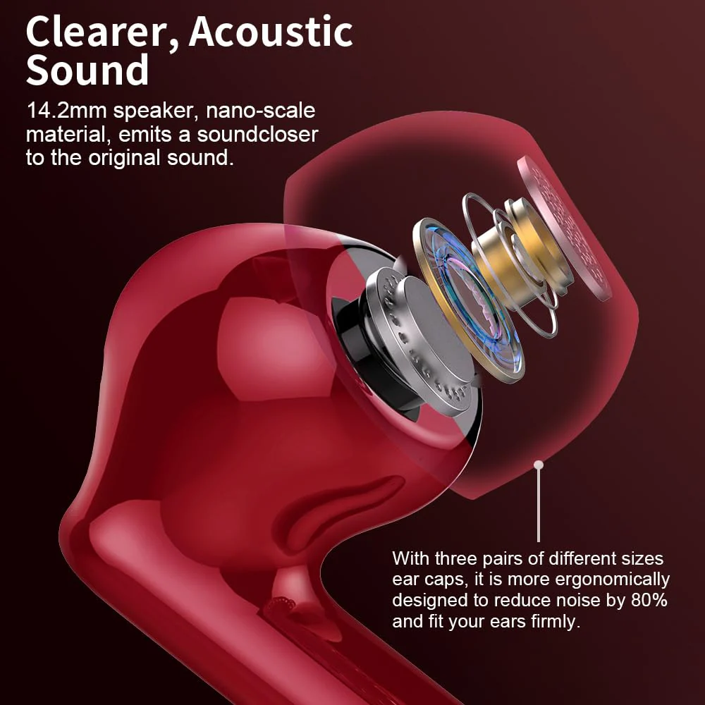 Wireless Earbuds Bluetooth 5.3 Headphones Bass Stereo Ear Buds with Noise Cancelling Mic LED Display in Ear Earphones IP7 Waterproof 36H Playtime for Laptop Pad Phones Sports Workout Red - Image 2