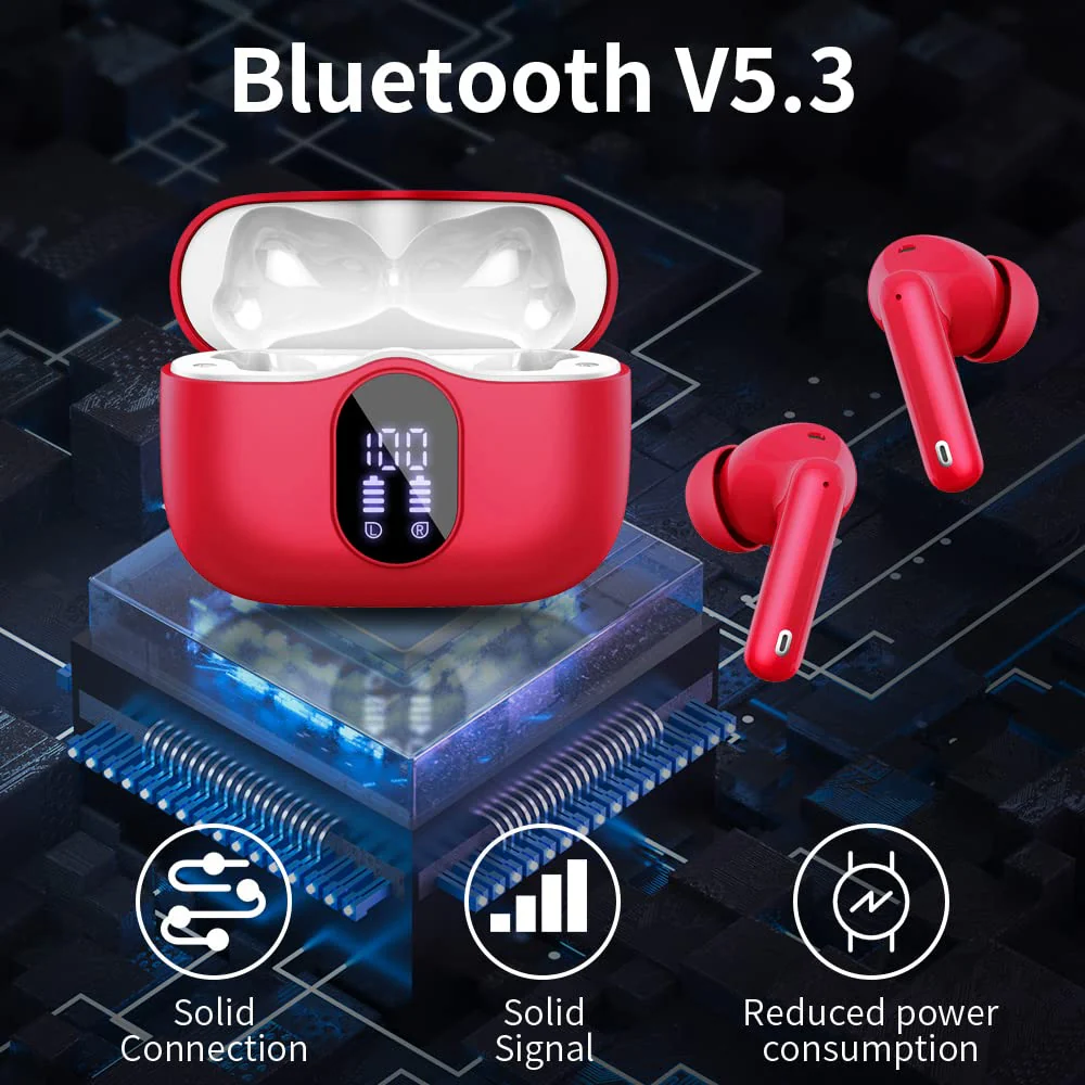 Wireless Earbuds Bluetooth 5.3 Headphones Bass Stereo Ear Buds with Noise Cancelling Mic LED Display in Ear Earphones IP7 Waterproof 36H Playtime for Laptop Pad Phones Sports Workout Red - Image 4