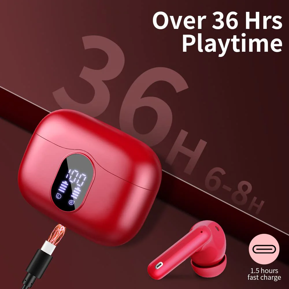 Wireless Earbuds Bluetooth 5.3 Headphones Bass Stereo Ear Buds with Noise Cancelling Mic LED Display in Ear Earphones IP7 Waterproof 36H Playtime for Laptop Pad Phones Sports Workout Red - Image 7
