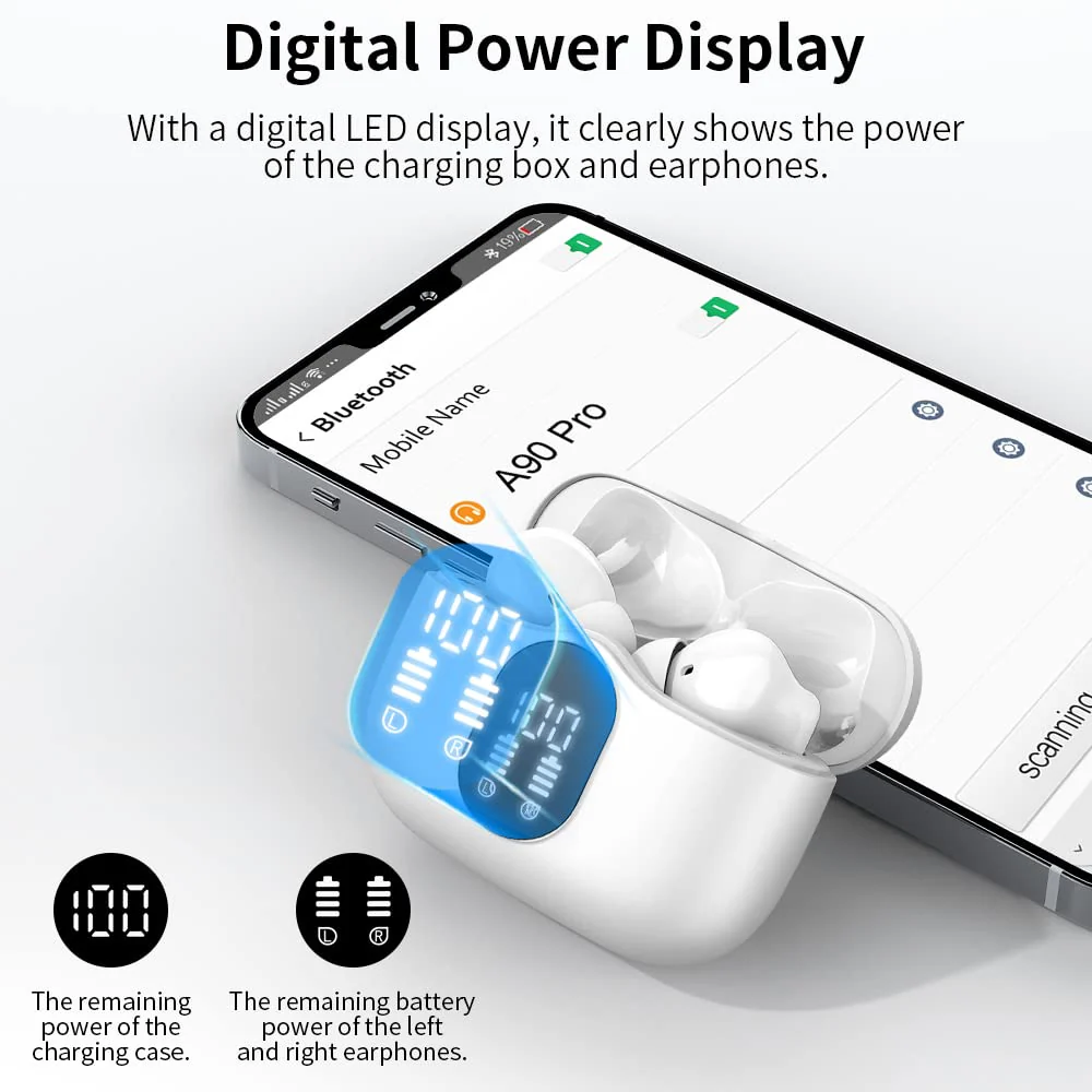Wireless Earbuds Bluetooth 5.3 Headphones Bass Stereo Ear Buds with Noise Cancelling Mic LED Display in Ear Earphones IP7 Waterproof 36H Playtime for Laptop Pad Phones Sports Workout White - Image 6