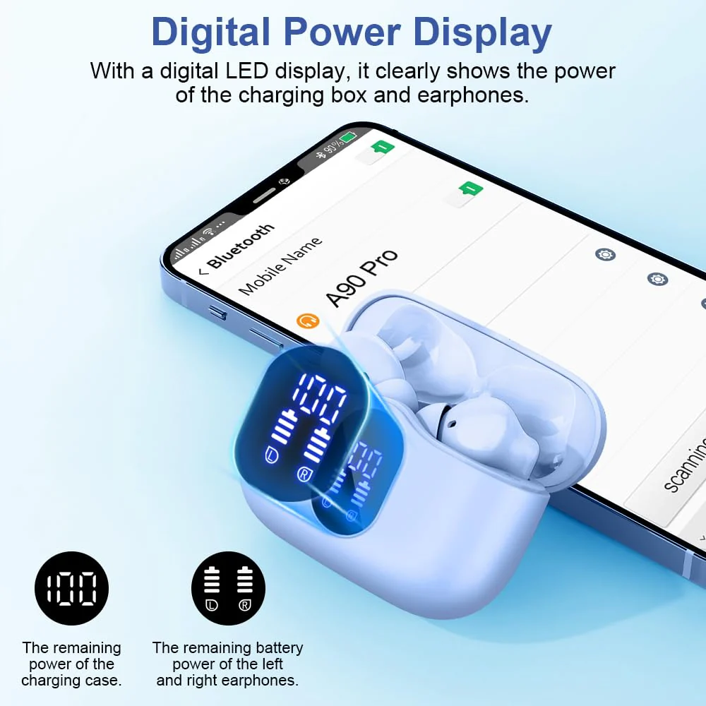 Wireless Earbuds, Bluetooth 5.3 Headphones Bass with Noise Cancelling Mic, Stereo Ear Buds, in Ear Earphones LED Display, IP7 Waterproof, 36H Playtime for Laptop Phones Sports Workout, Sky Blue - Image 6