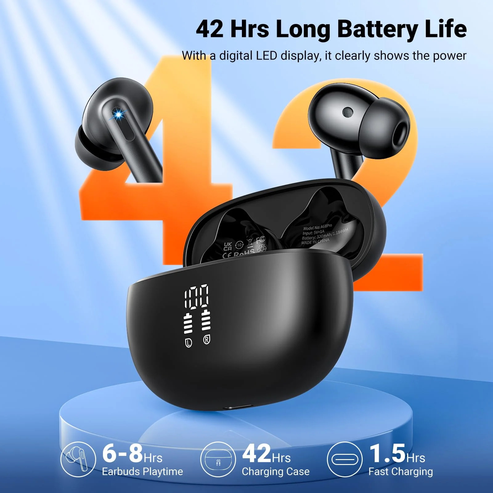 Wireless Earbuds, Bluetooth 5.3 Headphones HiFi Stereo & 4 ENC Mic, 42H Playtime Ear Buds with Charging Case LED Display, Bluetooth Earphones IPX7 Waterproof for iOS Android Earpods Sports Workout Black - Image 4