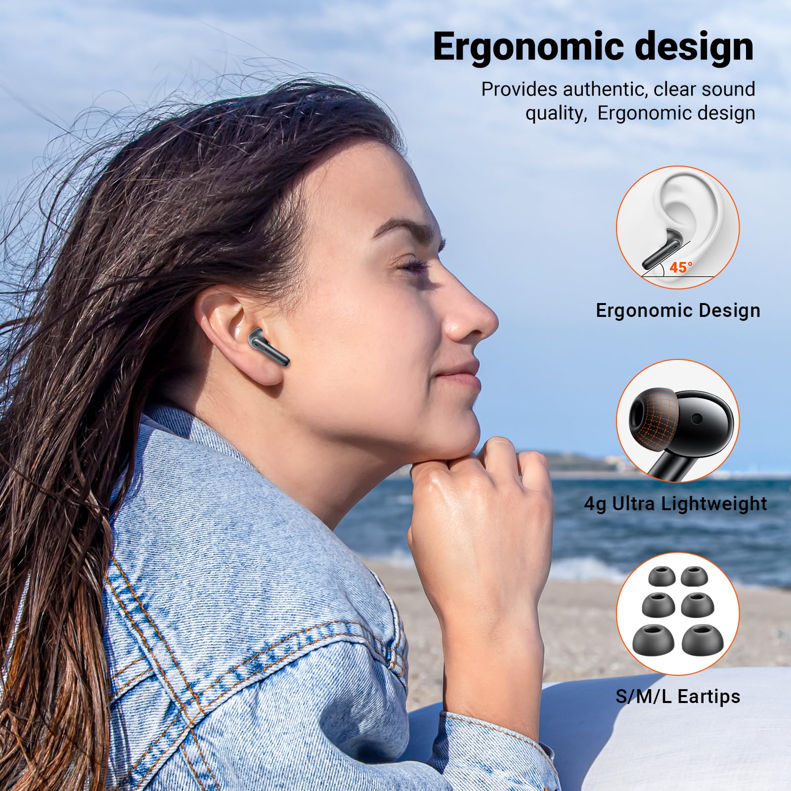 Wireless Earbuds, Bluetooth 5.3 Headphones HiFi Stereo & 4 ENC Mic, 42H Playtime Ear Buds with Charging Case LED Display, Bluetooth Earphones IPX7 Waterproof for iOS Android Earpods Sports Workout Black - Image 6
