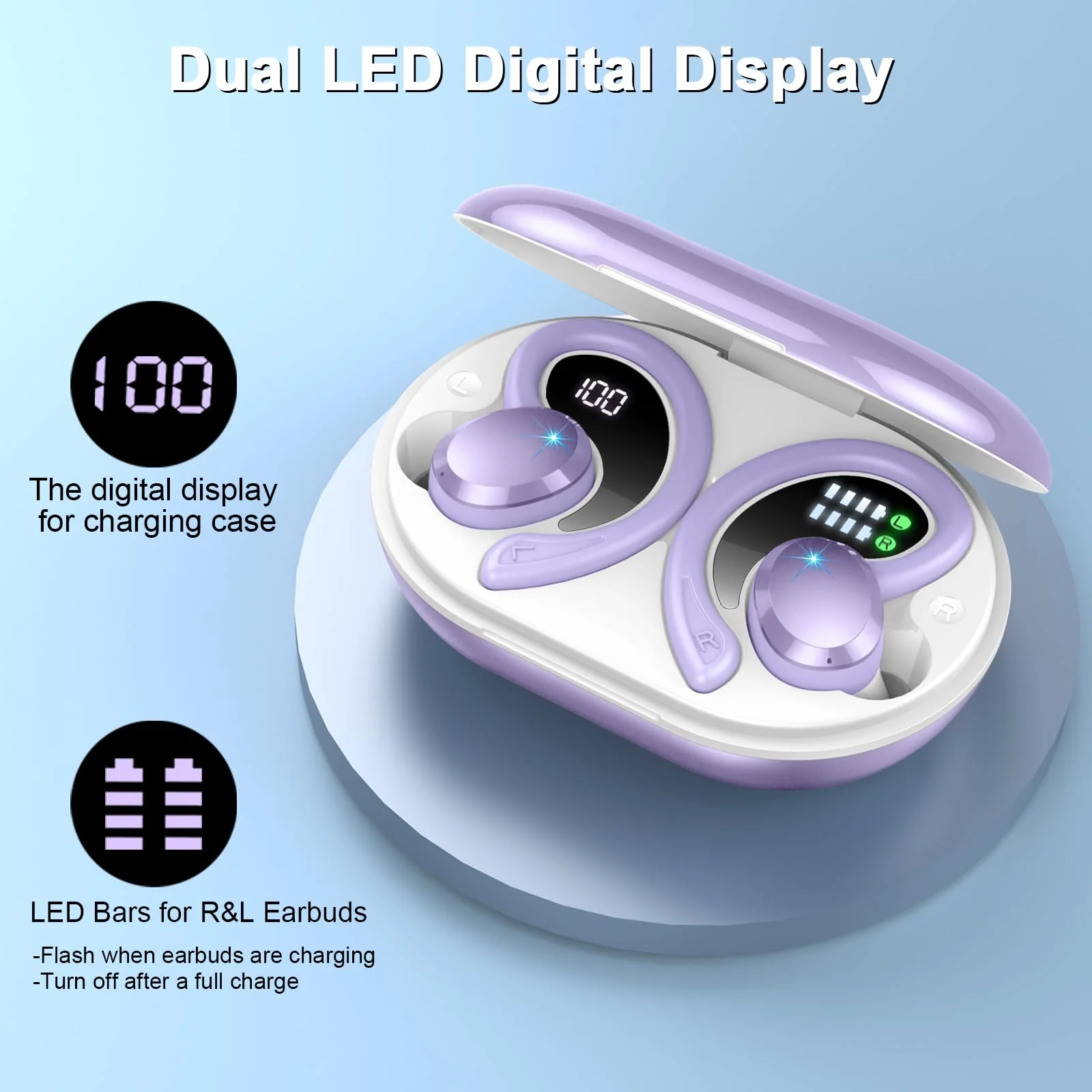 Wireless Earbuds Bluetooth Headphone Sport, Bluetooth 5.3 Earbud 3D HiFi Stereo Over Ear Buds, 48Hrs Earhooks Earphone with Noise Cancelling Mic, IP7 Waterproof Headset for Workout/Running/Gym, Purple 800 mAh - Image 5
