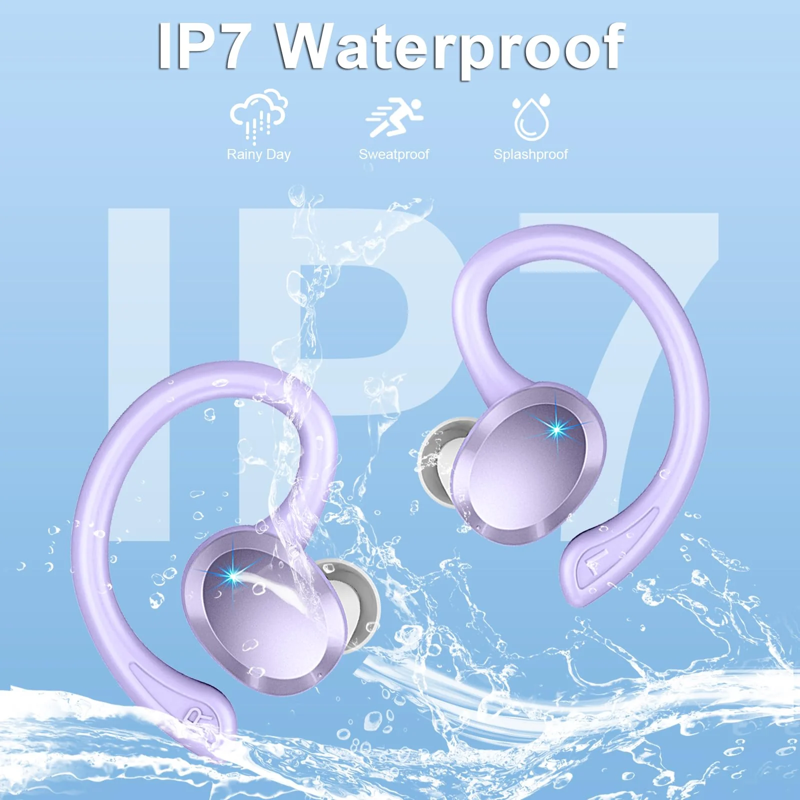 Wireless Earbuds Bluetooth Headphone Sport, Bluetooth 5.3 Earbud 3D HiFi Stereo Over Ear Buds, 48Hrs Earhooks Earphone with Noise Cancelling Mic, IP7 Waterproof Headset for Workout/Running/Gym, Purple 800 mAh - Image 7